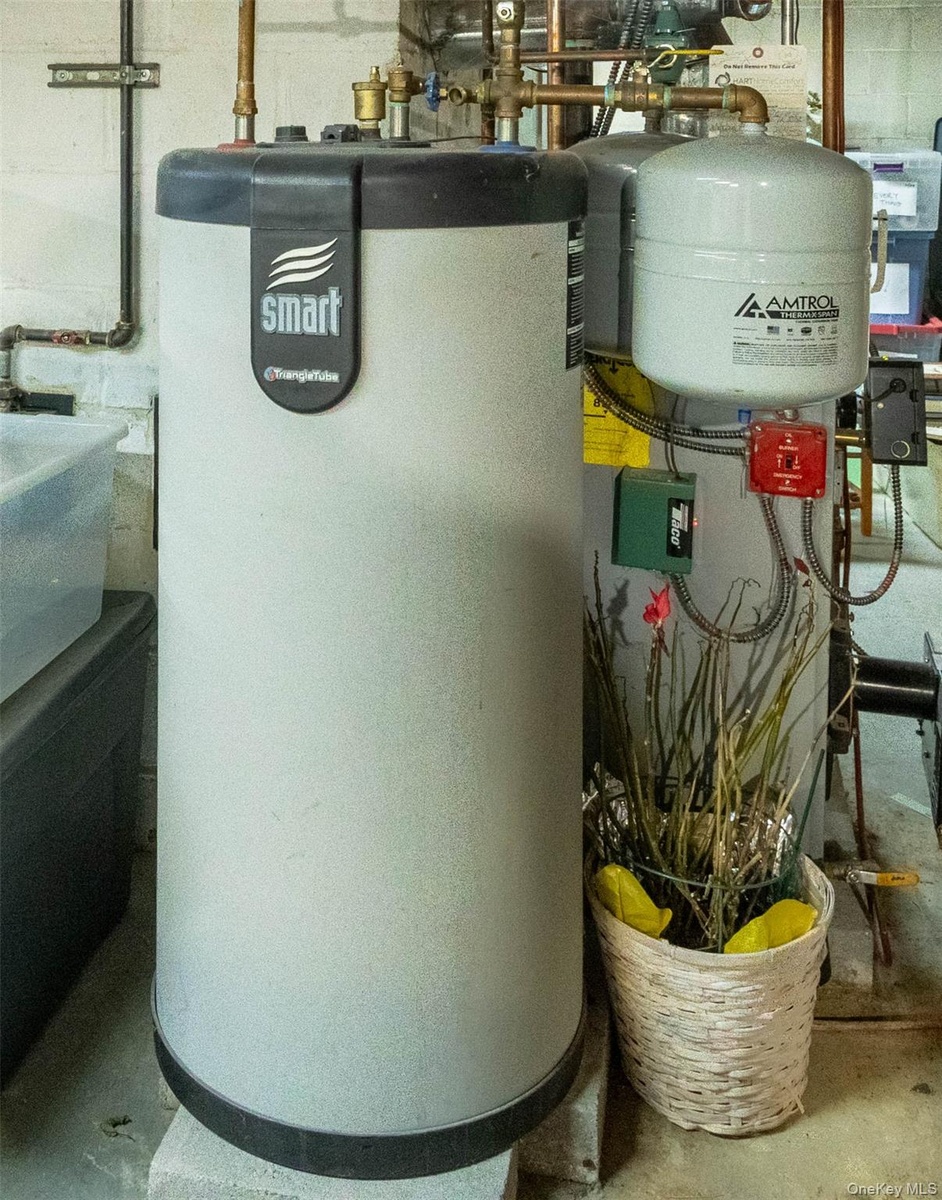 Mechanical room featuring a water heater and an expansion tank