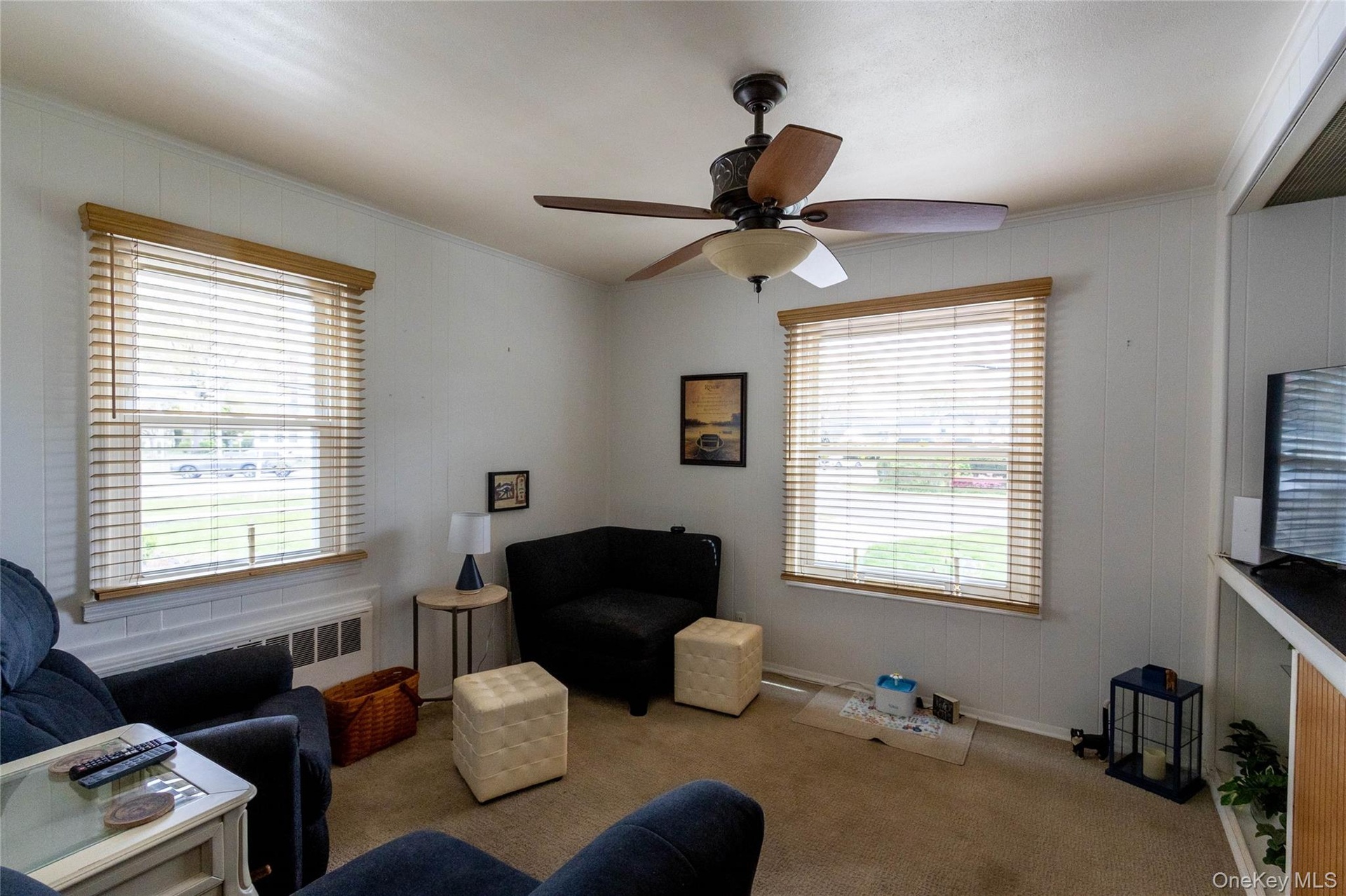 Living area featuring two windows with wood-finish blinds, a ceiling fan with integrated lighting, white vertical paneling on the walls, and carpeted 