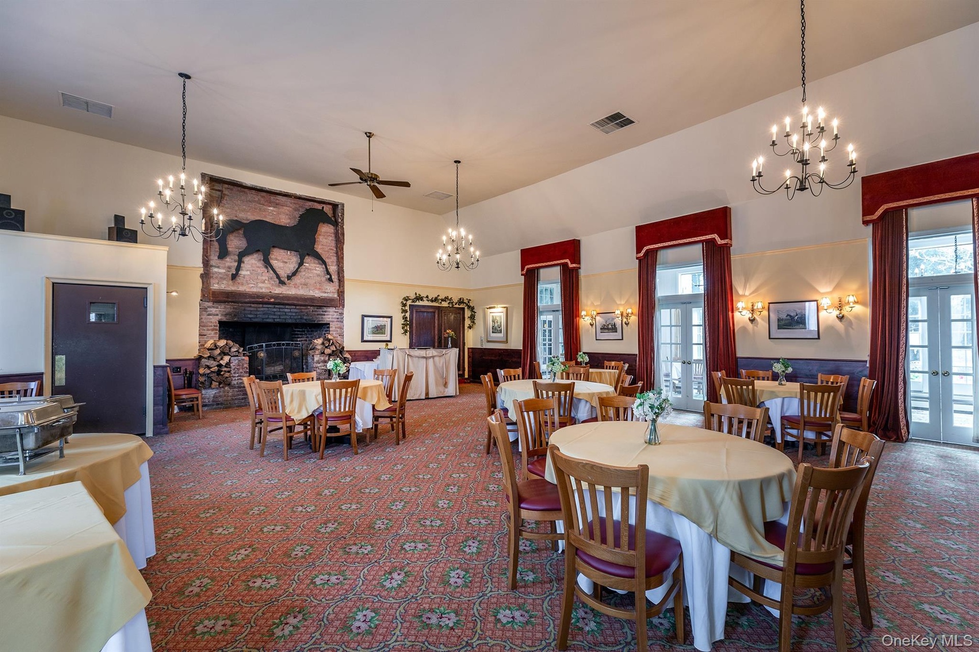 Banquet Hall anchored by an impressive fireplace