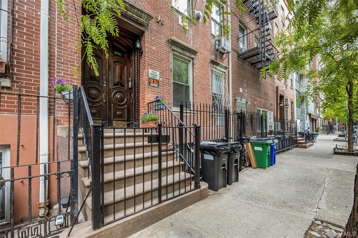 Classic brick townhouse façade with charming stoop entry, ornate double doors, and tree-lined streetscape. Nestled on a picturesque block, this distin