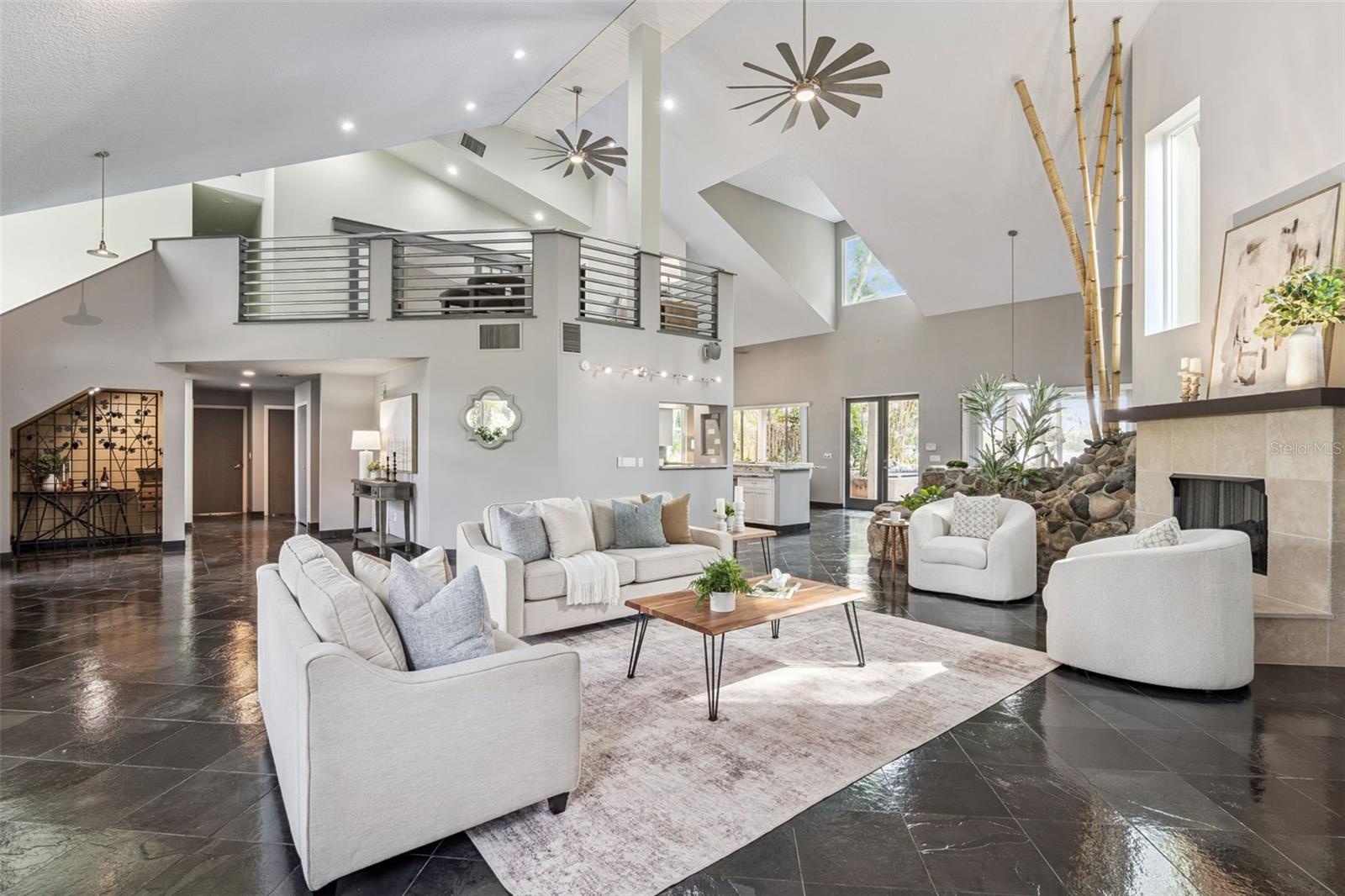 Volume ceilings & gas fireplace