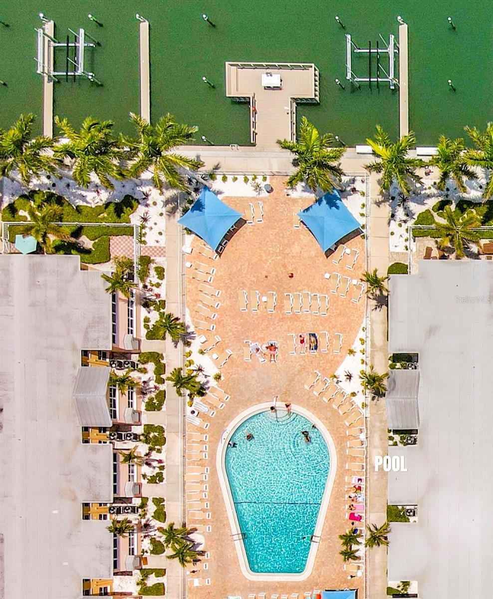 This is an aerial view of the pool at Barefoot Beach.  There are lots of lounge chairs for your enjoyment in the sun.  The pool is heated.
