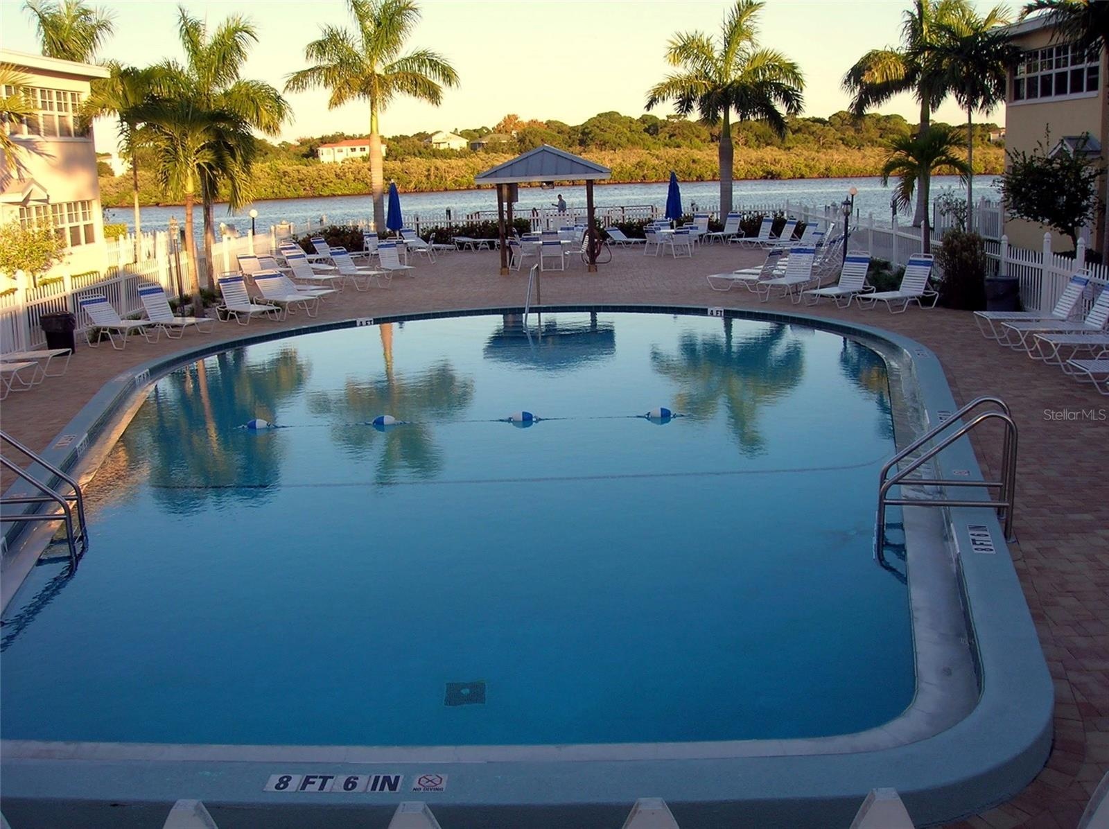 The pool area overlooks the Intracoastal Waterway.