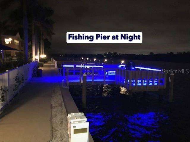 This pictures shows the fishing pier at Barefoot Beach at night.