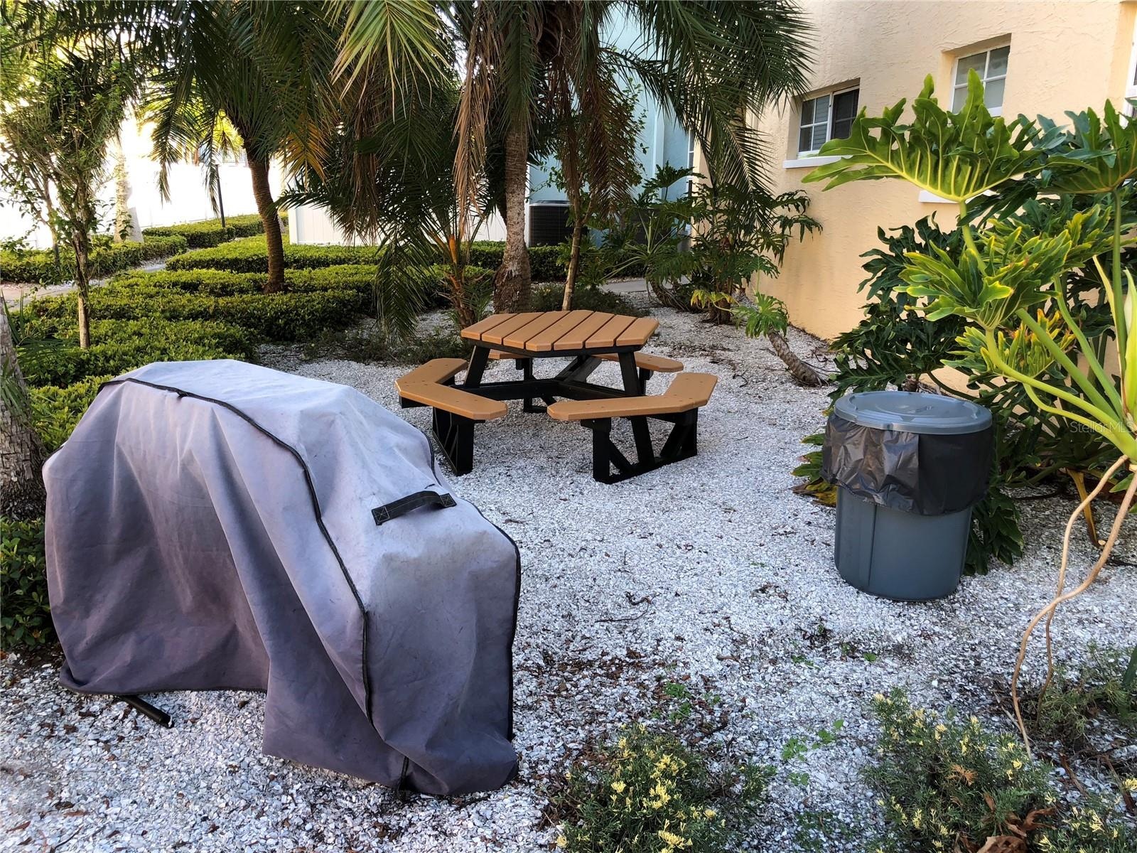One of the picnic areas at Barefoot Beach that offers a gas grill and picnic tables.  There are several picnic areas throughout the property
