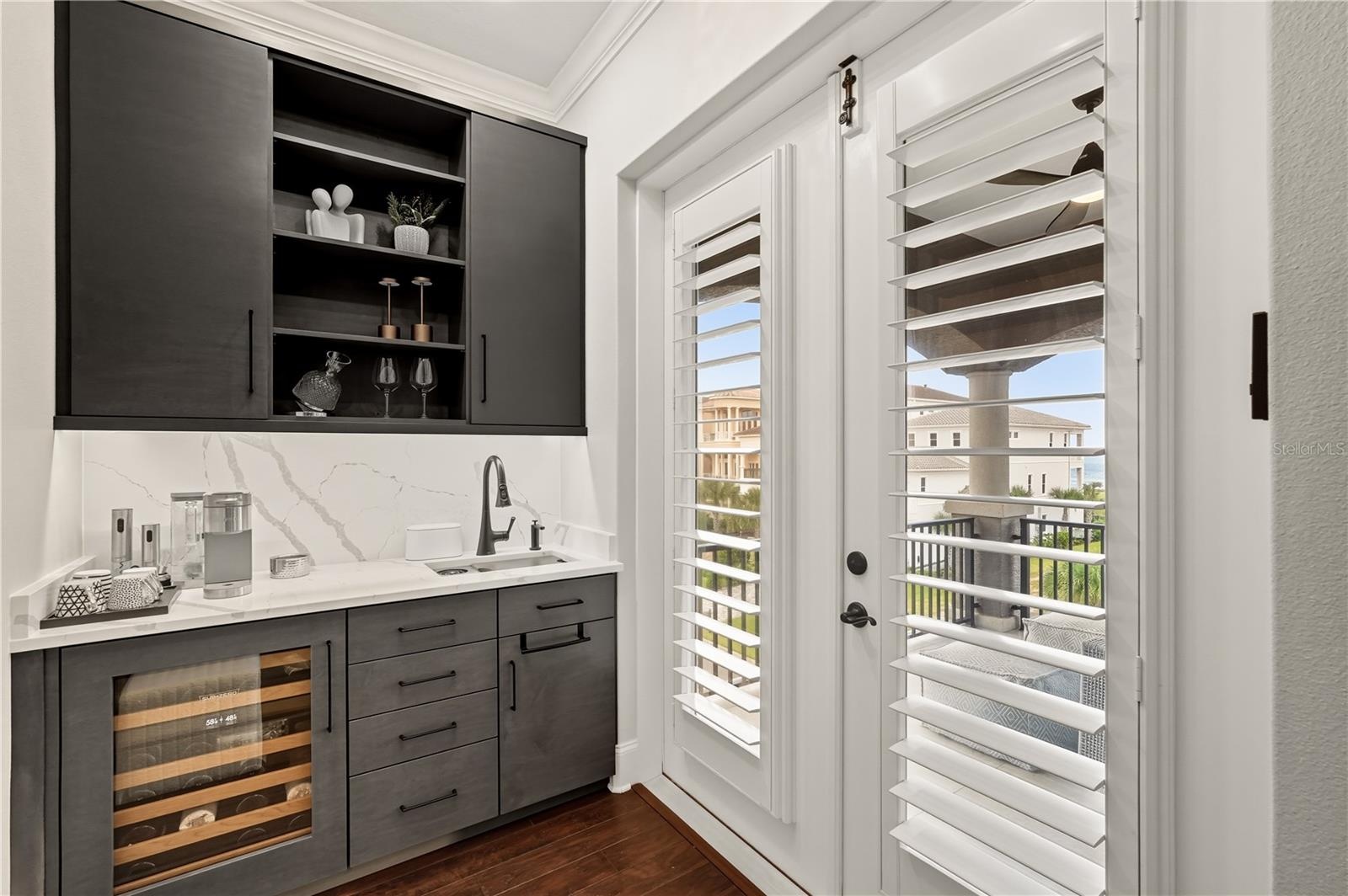 Master bedroom wet bar with Subzero wine cooler