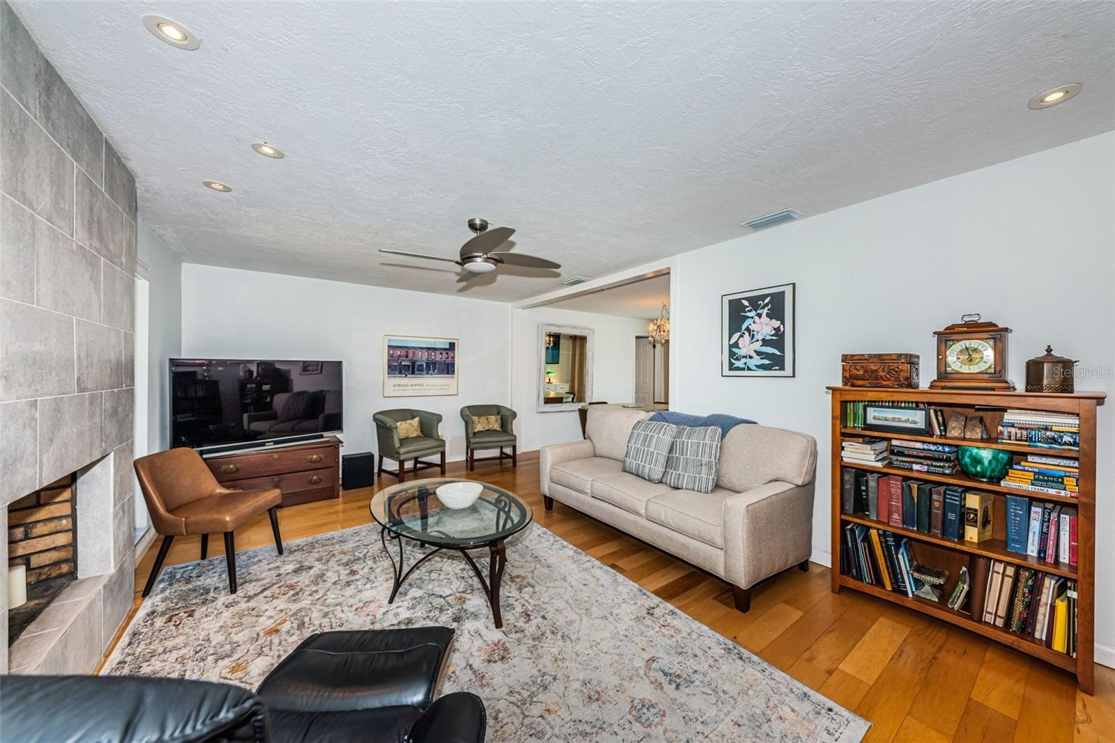 Living room with updated fireplace