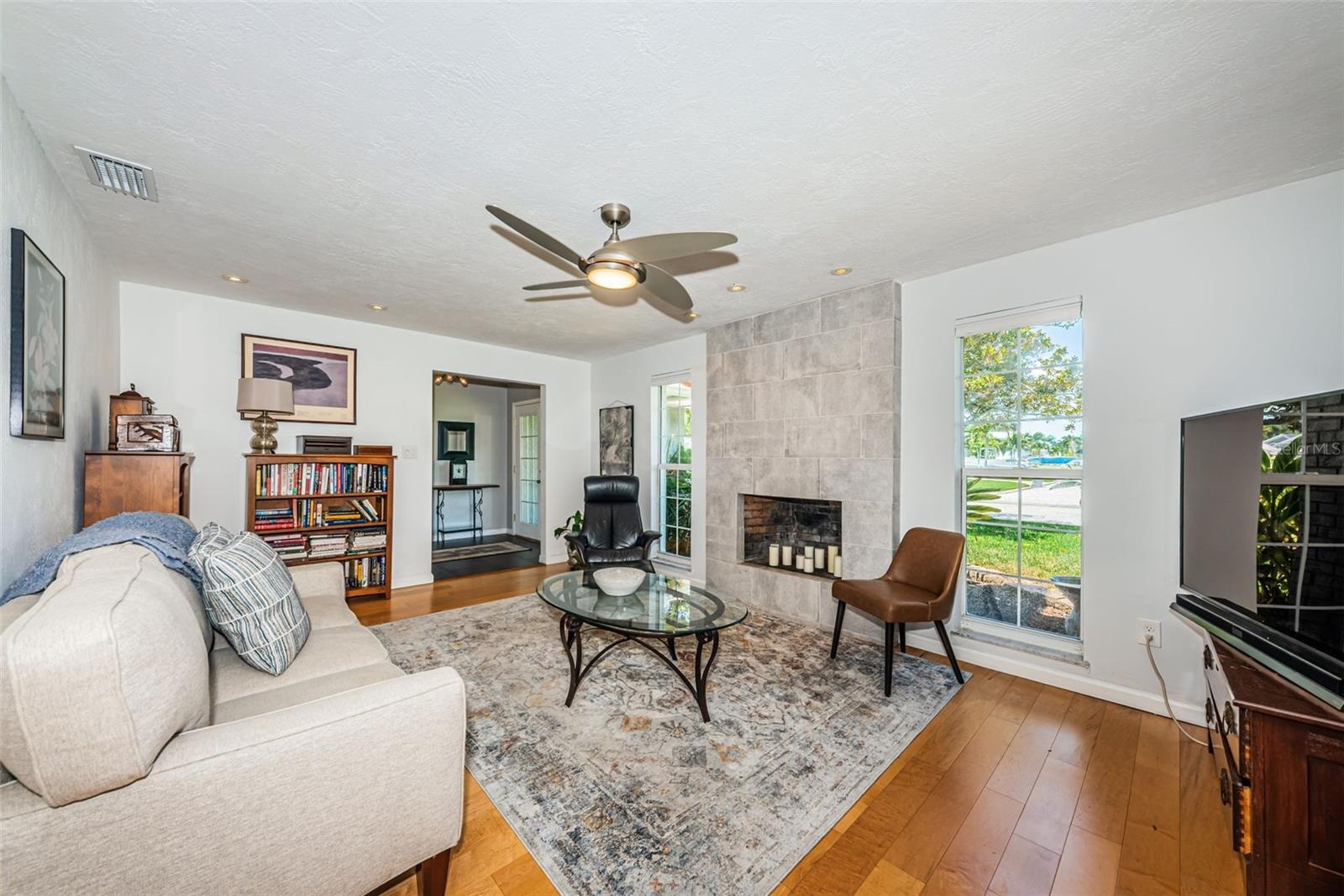 Living room with updated fireplace