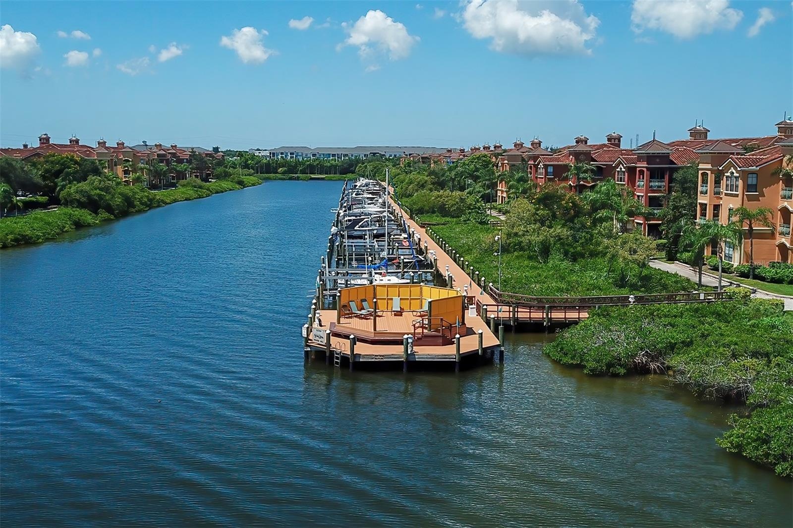Aerial view down the bayou/inlet from Buildings 12 and 13