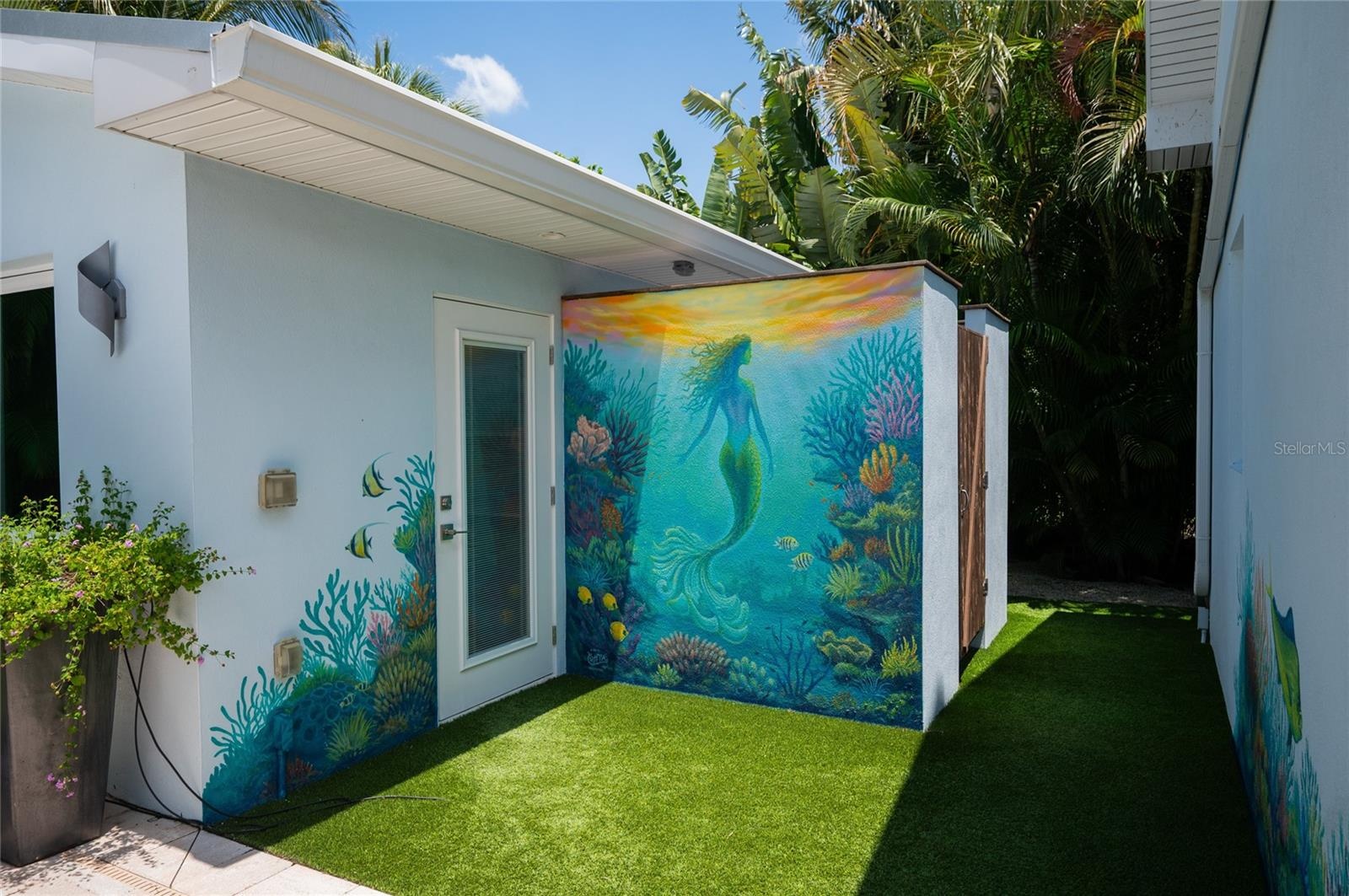 The beautiful Mermaid mural welcomes you to the Casita