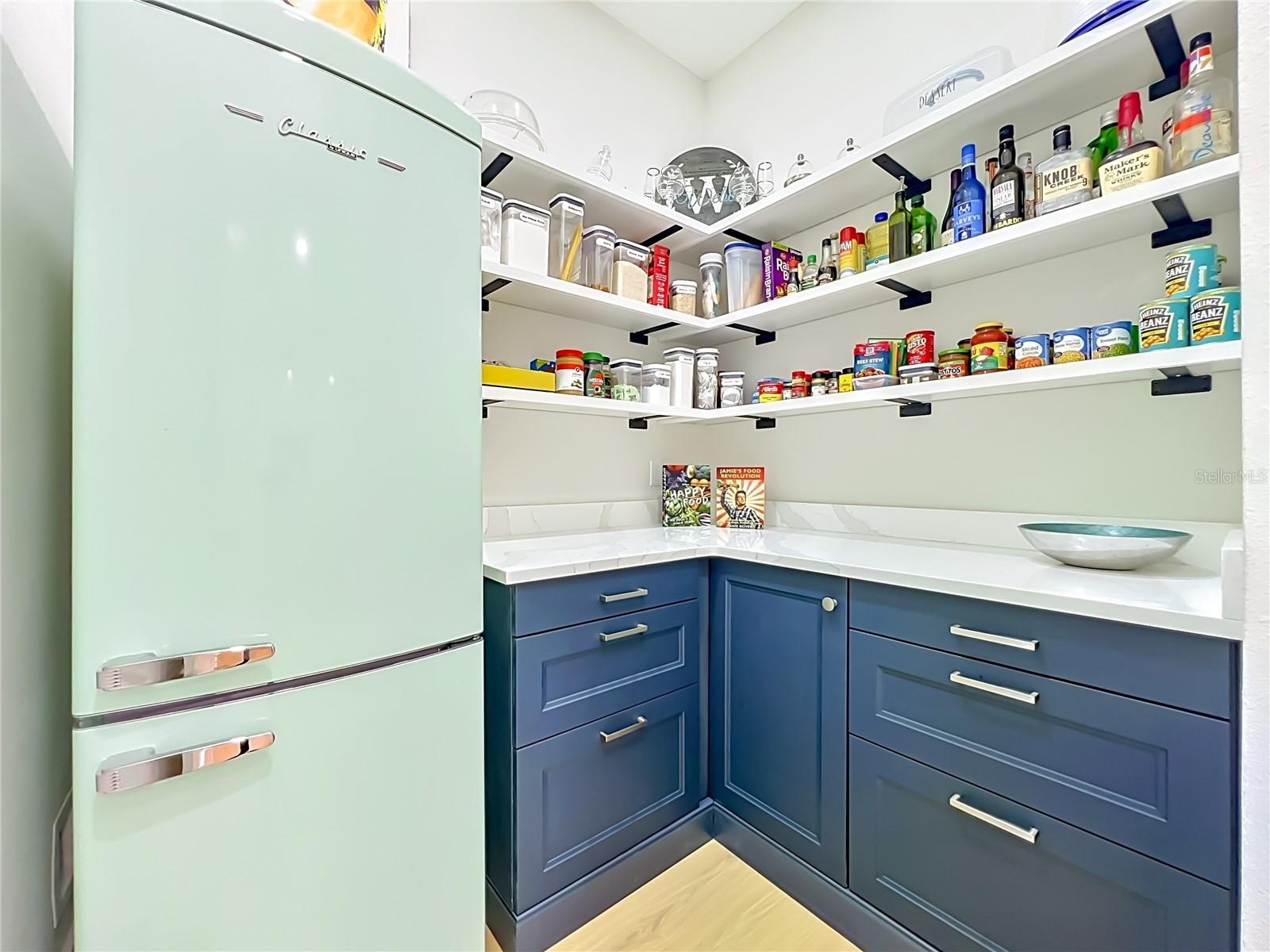 Walk in pantry with retro fridge