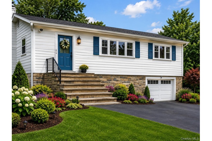 White siding exterior with a blue entry door, stone facade, manicured landscaping, and an attached garage