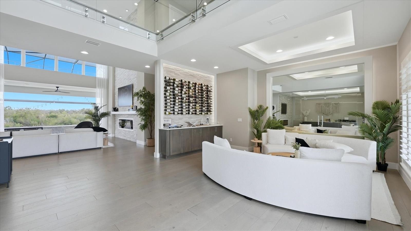 living room with wine wall
