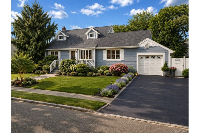 Cape Cod-style residence featuring light blue siding and a dark gray shingle roofDigitally enhanced photo showing landscape options