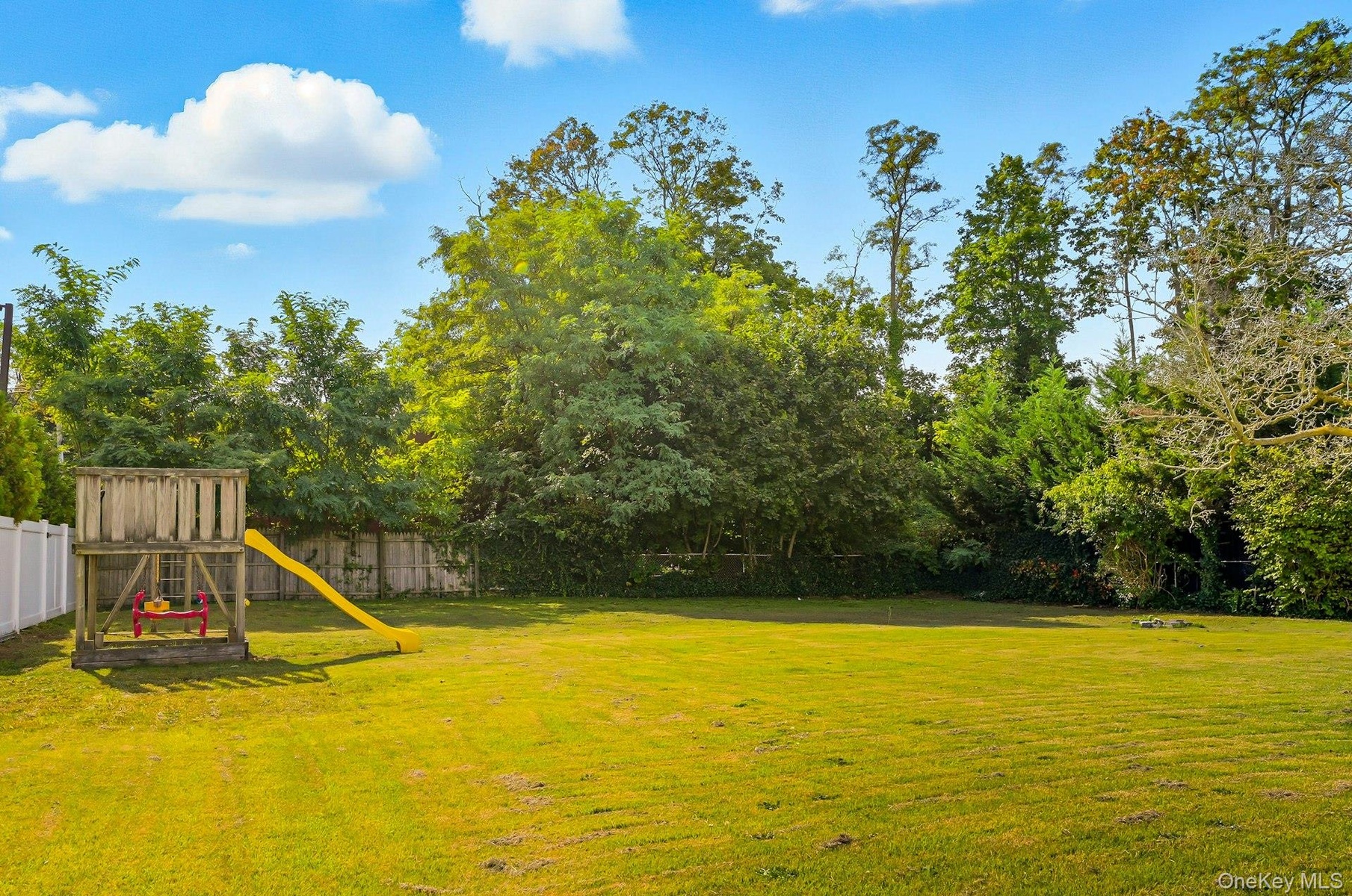 Fenced backyard view of scattered trees - level property