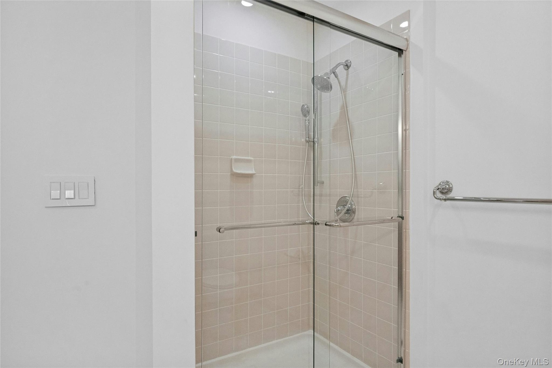 Primary shower with new chrome fixtures, and a handheld shower head, and new glass doors