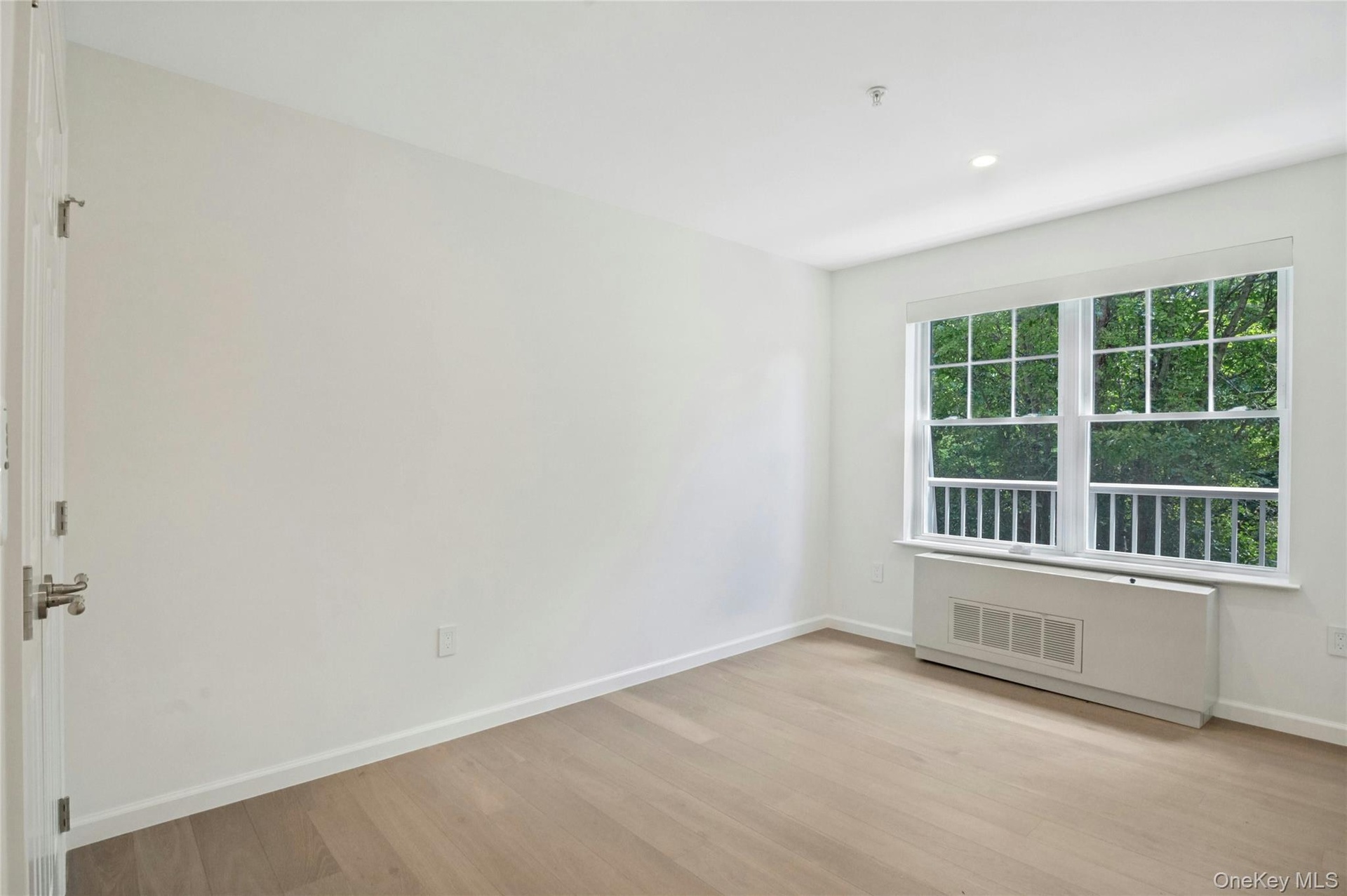 Bedroom with dimmable overhead lighting, wood floors, large closet and remote controlled motorized shades