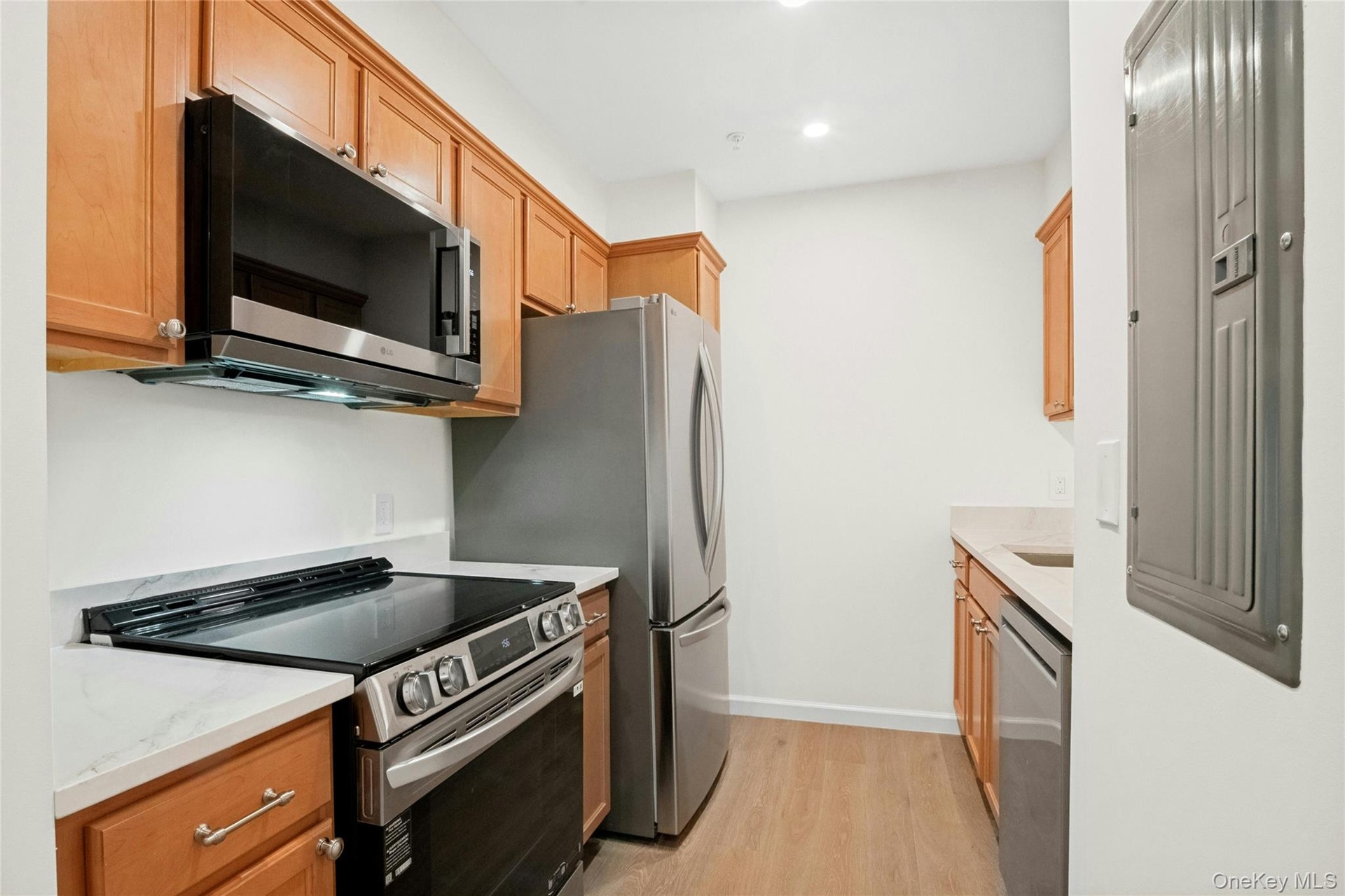 Alternative view of kitchen with  stainless steel LG appliances, white quartz countertops,  and brushed metal hardware