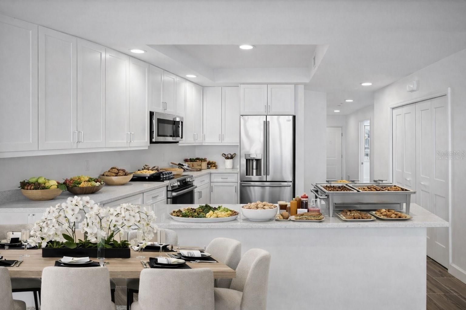 Virtually staged dining area in front of kitchen counter