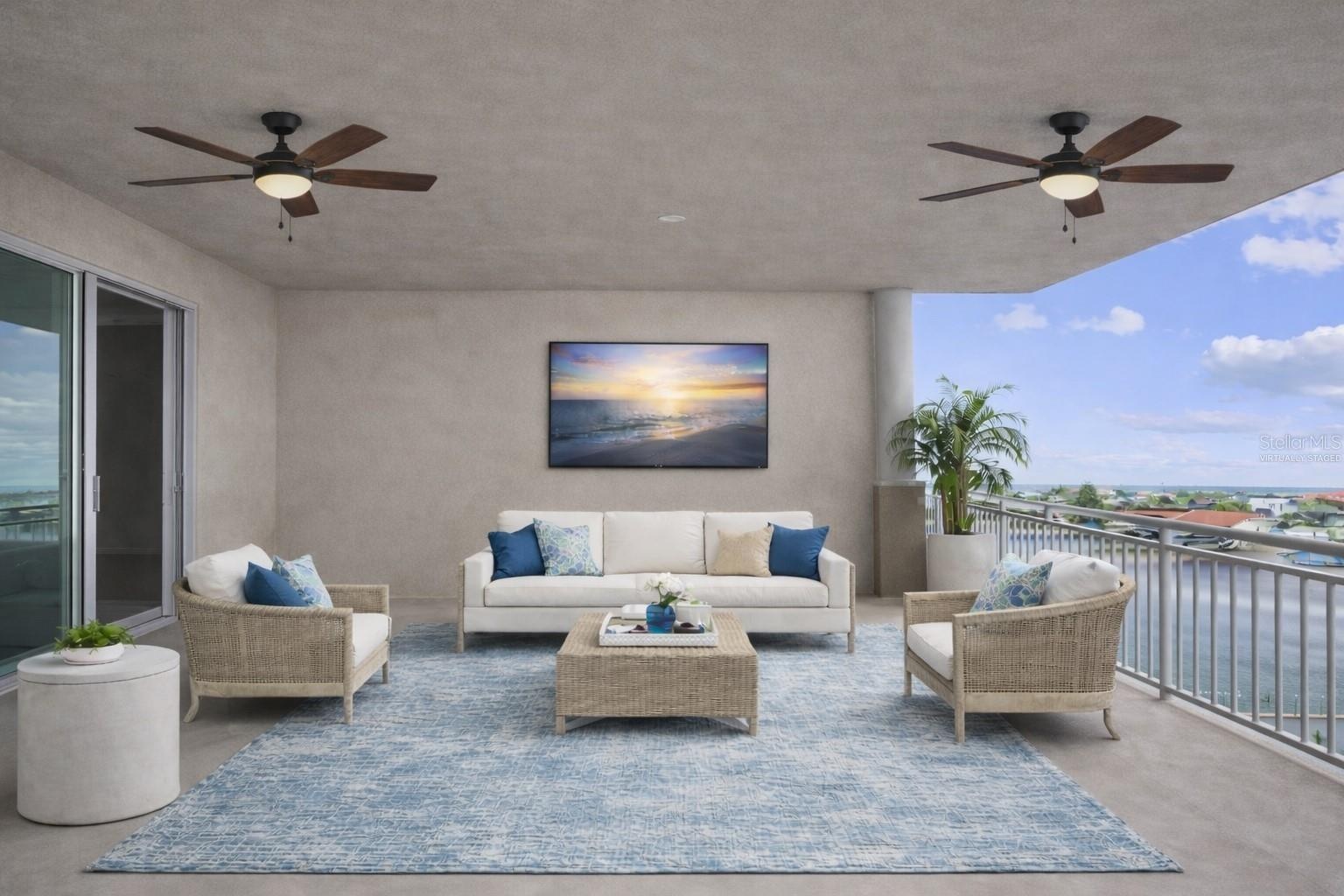 Virtually staged, this balcony is approx 10'x30' less wide, much longer