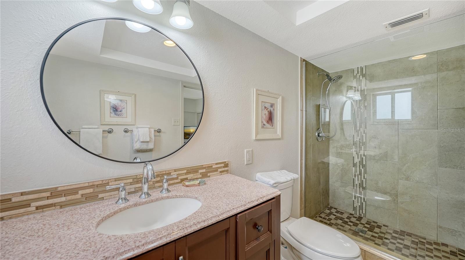 Granite counter, walk-in shower