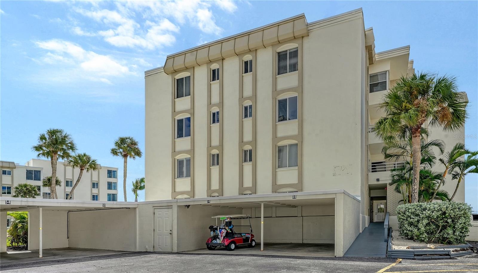 Each residence has storage space for beach toys or bikes.