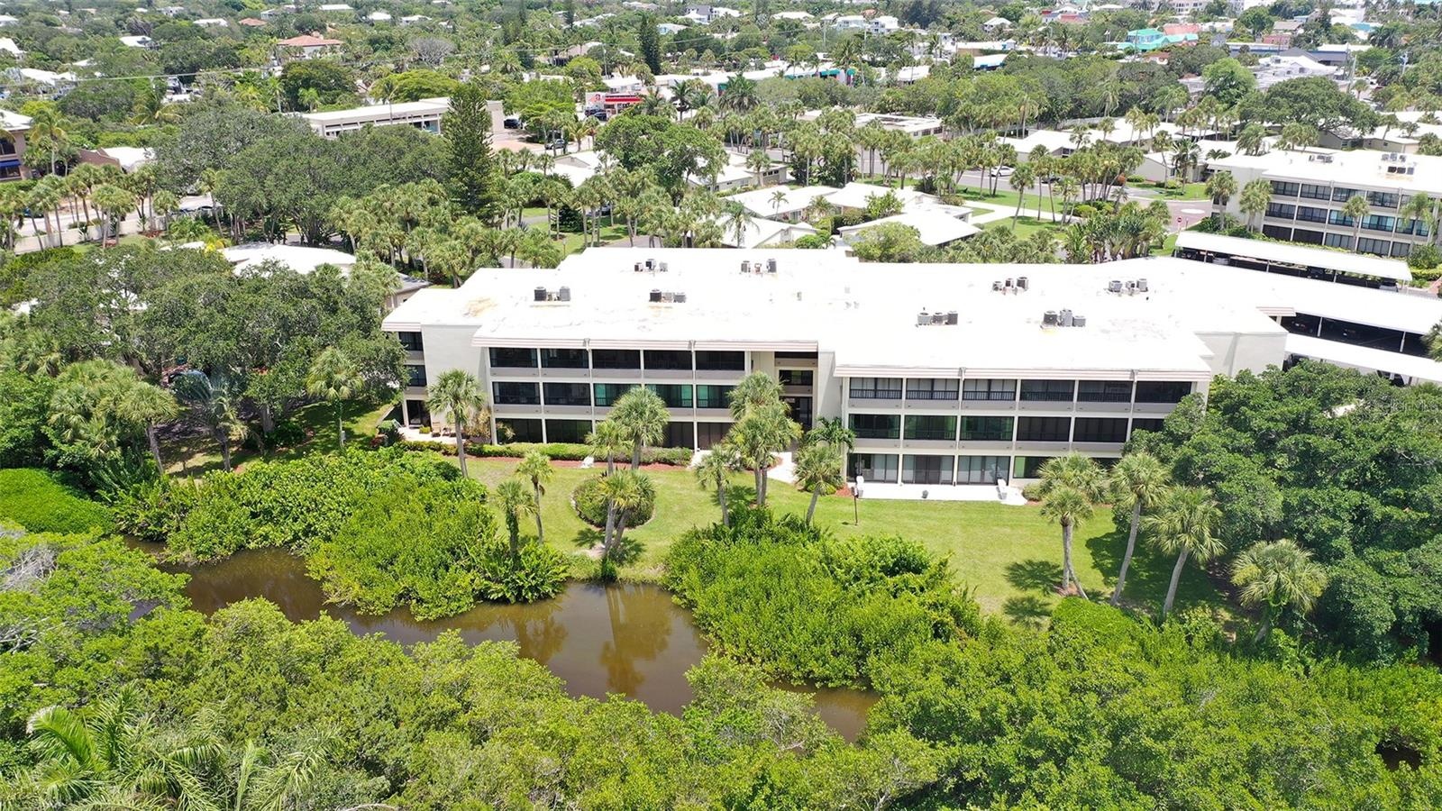 Aerial view of the back of the building.