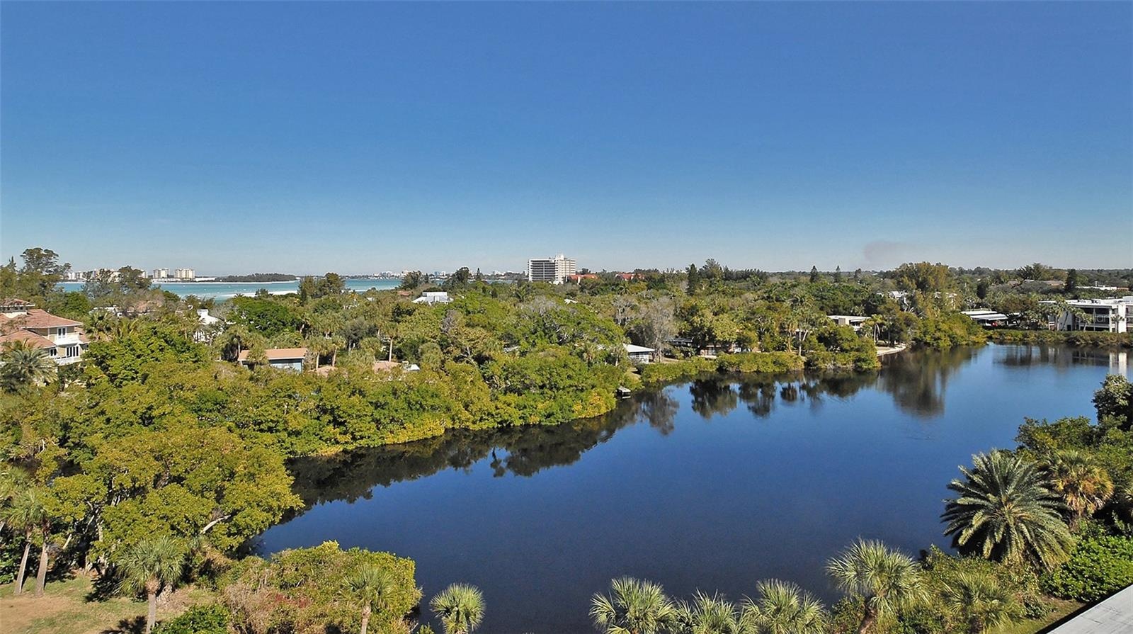 Aerial view of the peaceful lagoon running through the property.