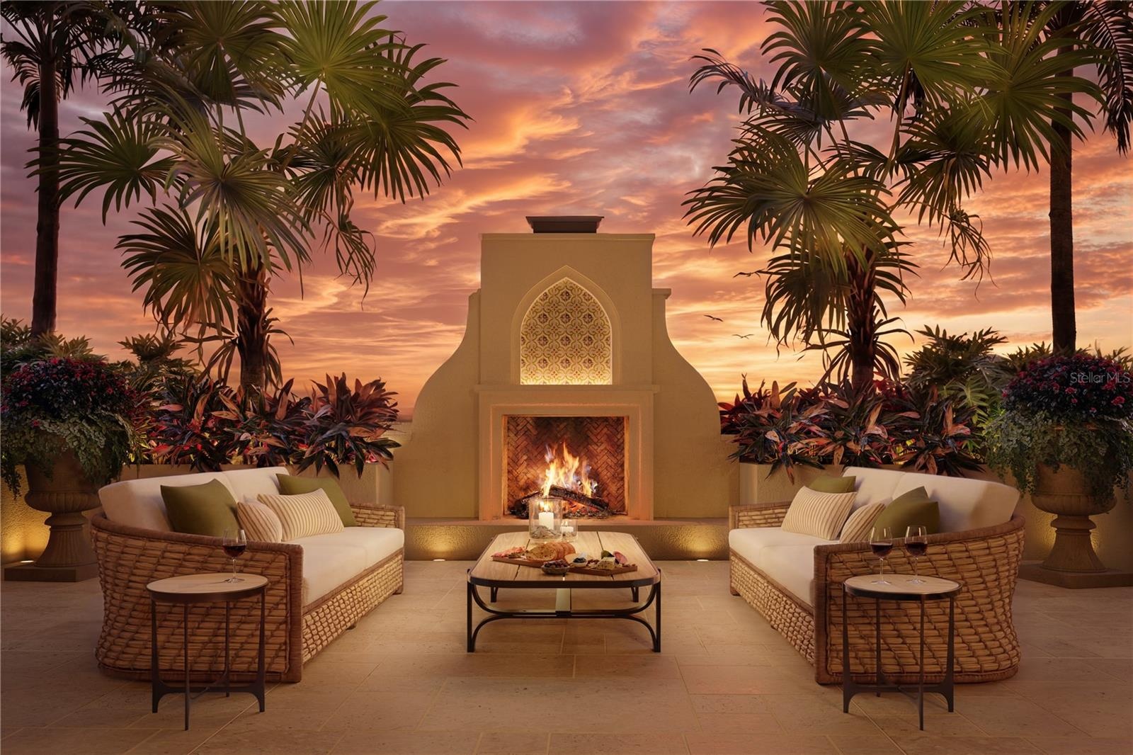 Elegant outdoor fireplace on the 6th floor Club Castille Amenity deck - an elevated setting for refined, intimate gatherings.