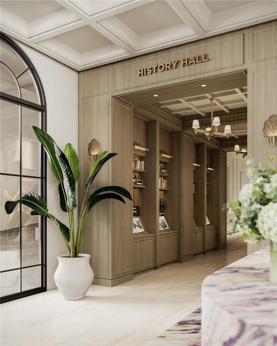 History Hall in the grand lobby showcasing antiques and one-of-a-kind pieces celebrating Mira Mar's storied legacy.