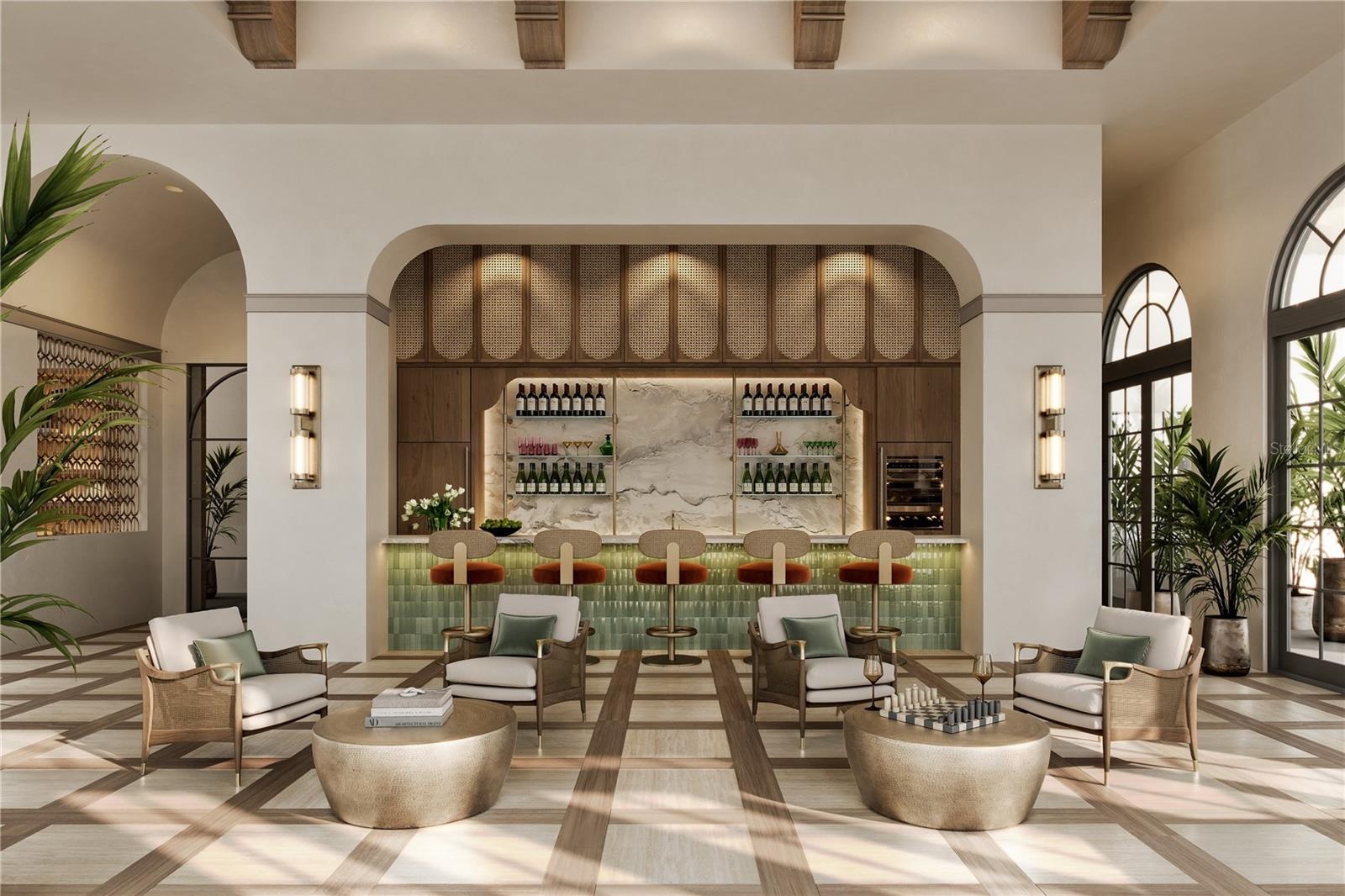The Owner’s Lounge at Mira Mar features a beautifully designed gathering space with an elegant bar area offering residents a sophisticated setting to 
