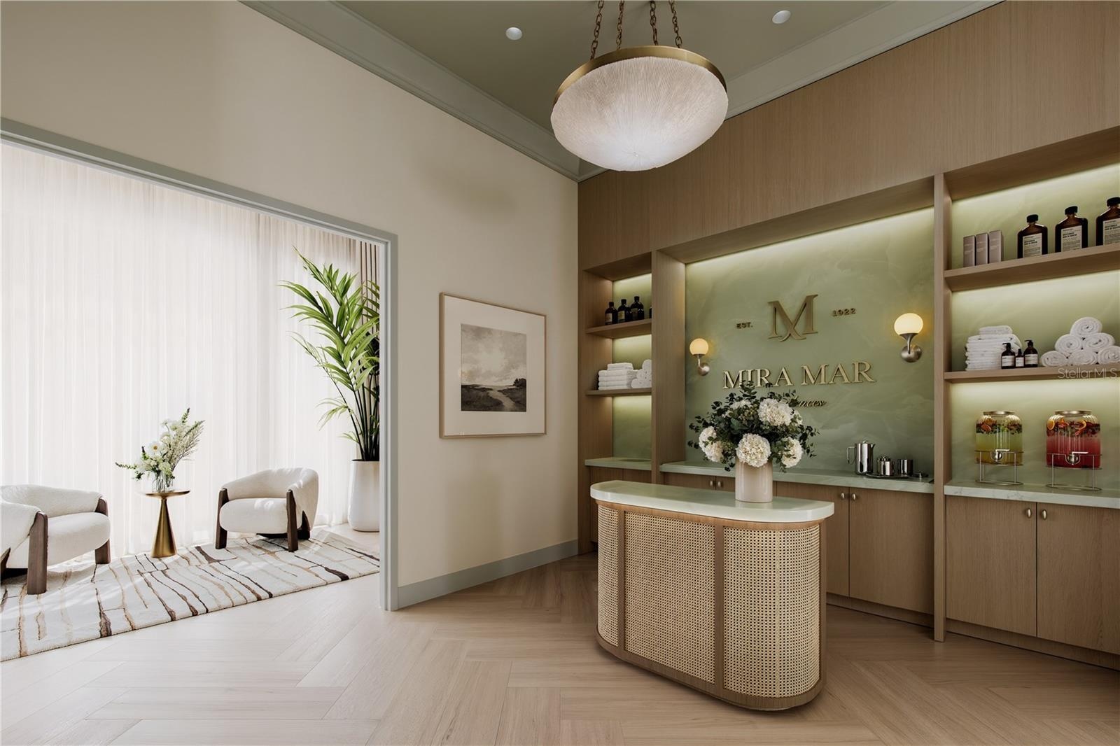 The Wellness Center Lobby at Mira Mar offers a refined and welcoming entry to the building’s fitness and wellness amenities, thoughtfully designed wit