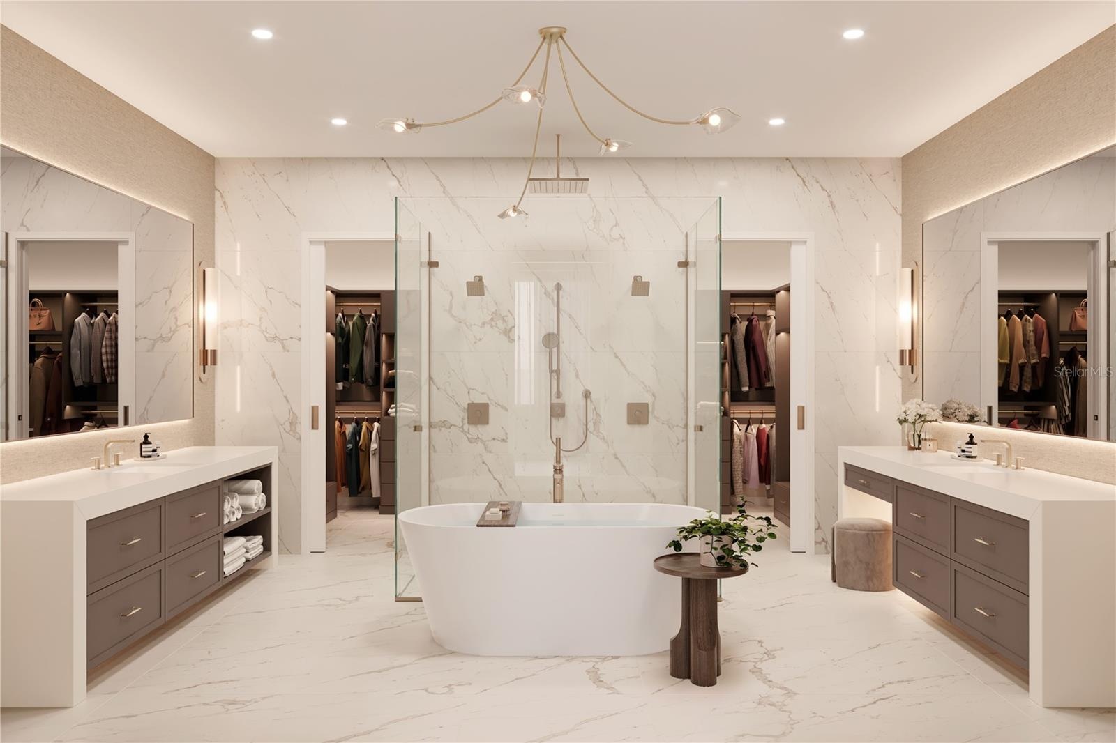 Primary bathroom offers dual water closets, sinks, and built out walk in closet. Renderings and plans are conceptual and provided for illustrative pur