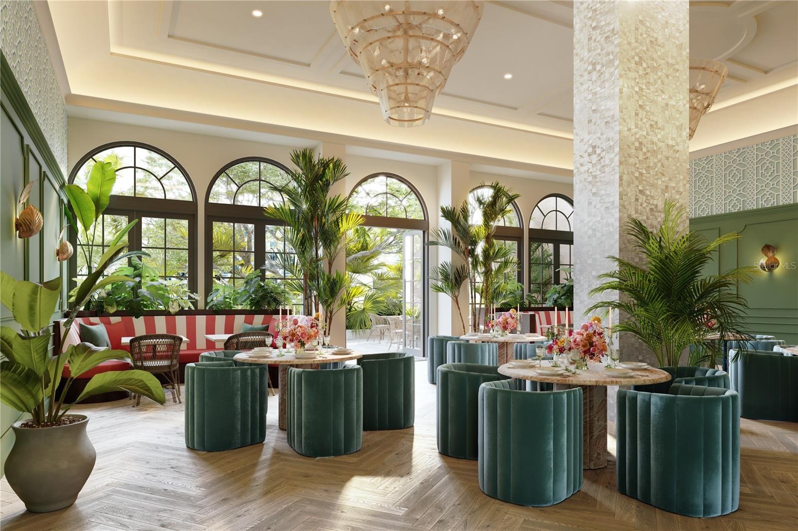 The Garden Room at Mira Mar offers an elegant gathering space overlooking the terrace, complete with a catering kitchen designed to host intimate even
