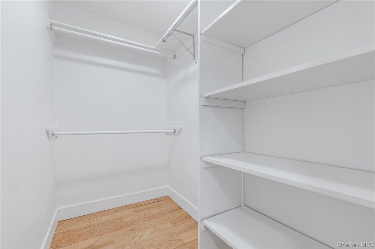 Walk in closet with light wood-type flooring