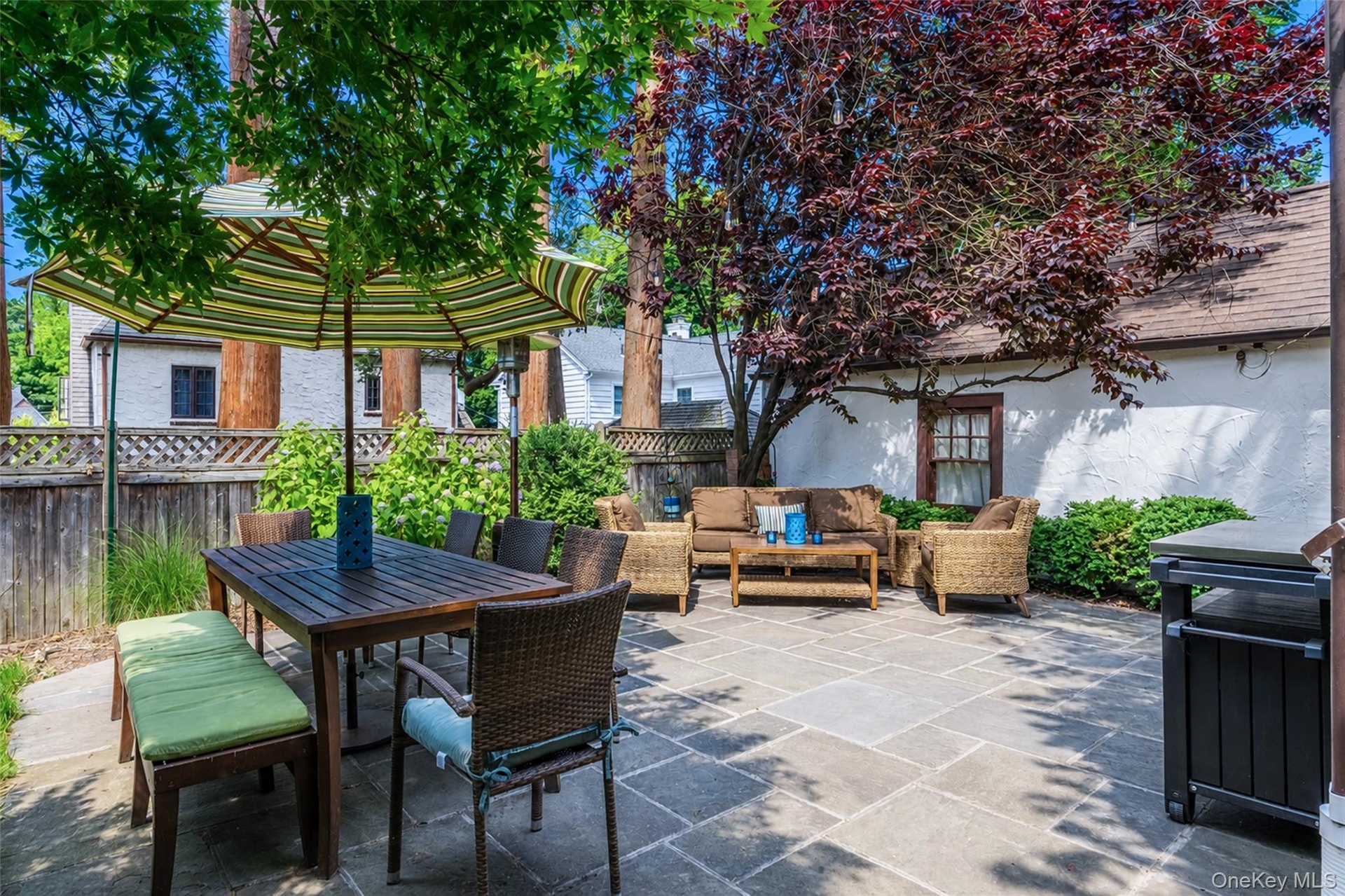 Private backyard patio is ready for dining and entertaining