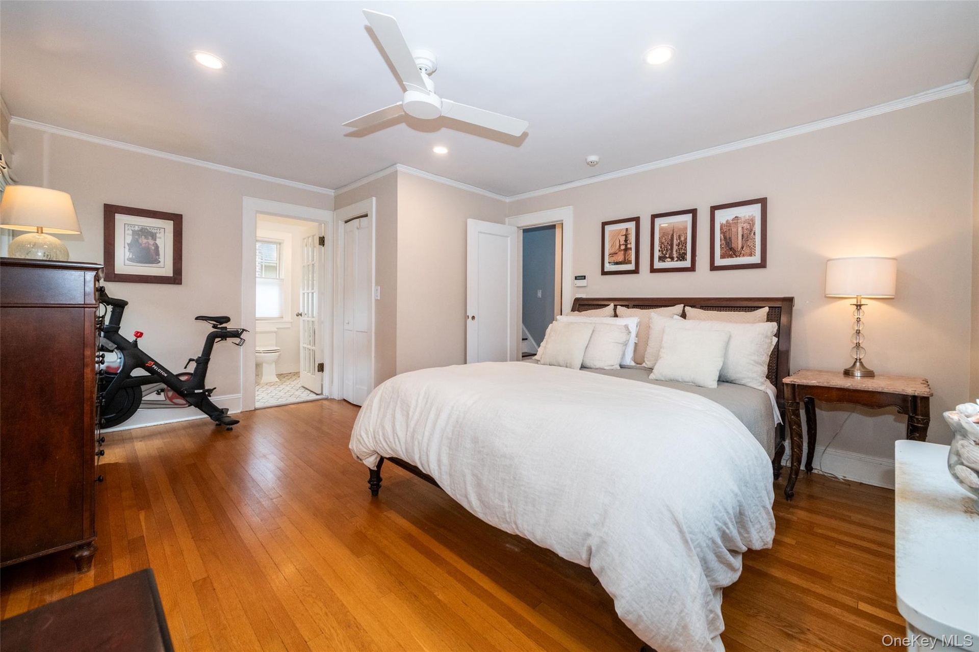 Spacious Primary Suite features newly renovated bath, walk-in closet, recessed lighting and alcove