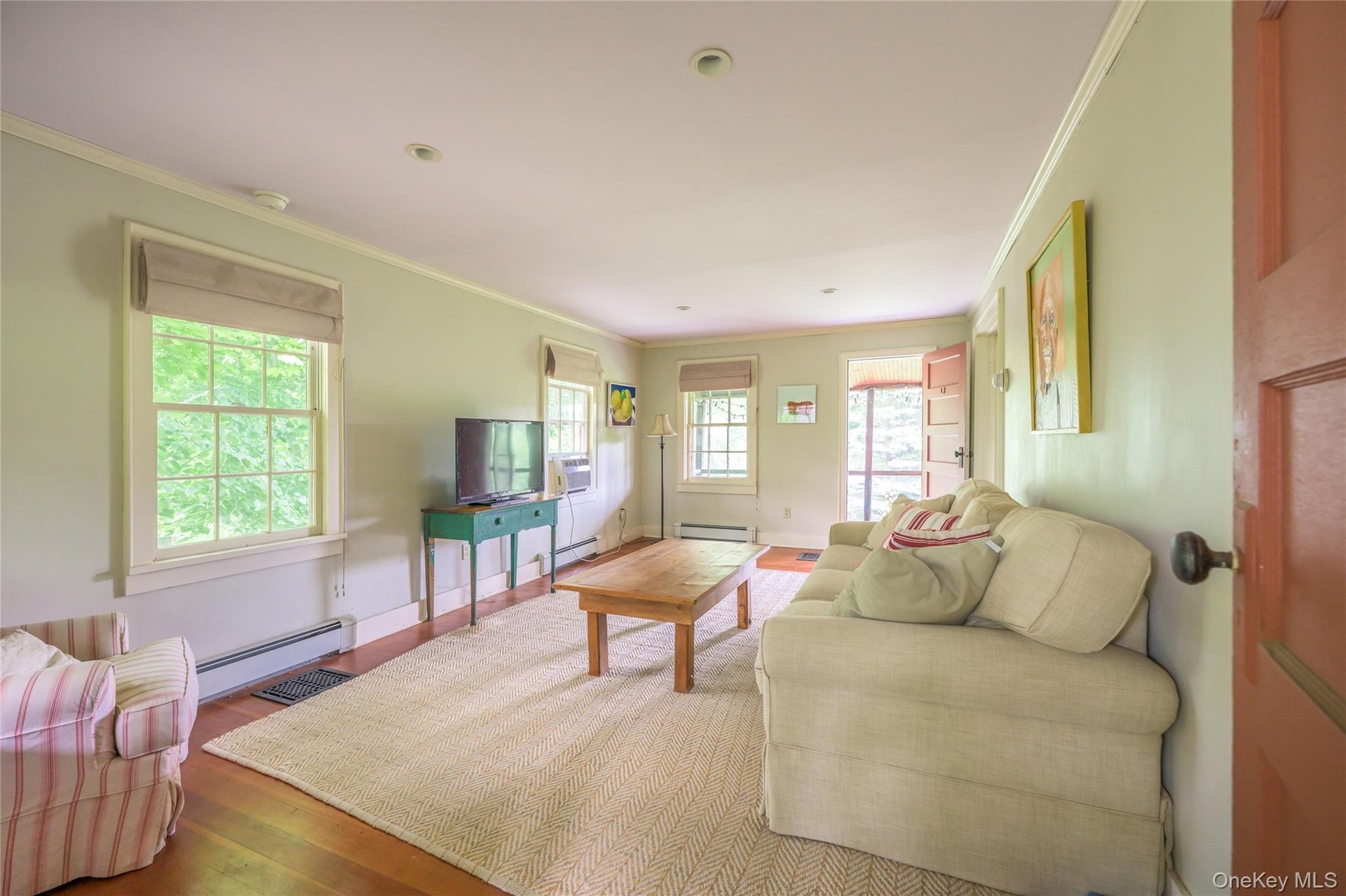 Living room featuring a baseboard radiator, crown molding, and wood-type flooring