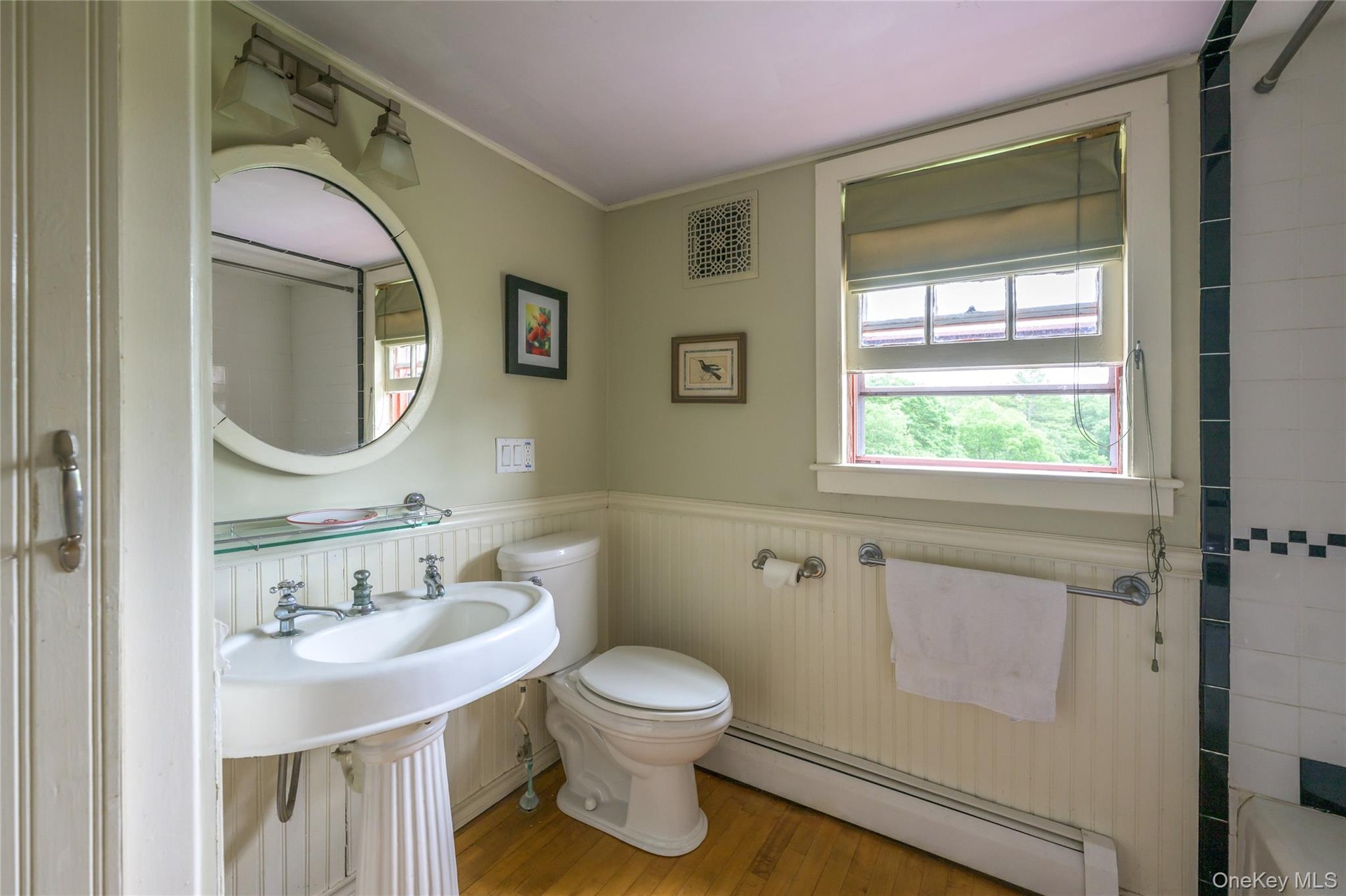 Bathroom with a baseboard radiator, wood finished floors, a wainscoted wall, and crown molding