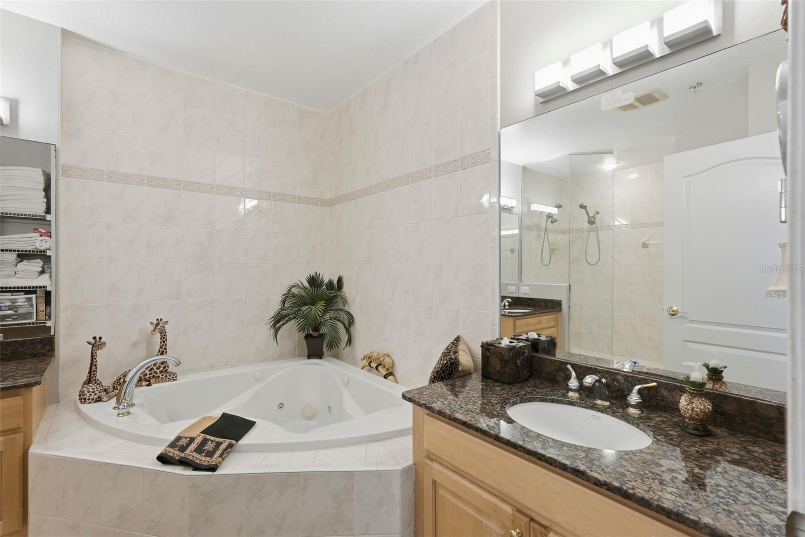 Large master bath with jacuzzi tub and dual vanities.