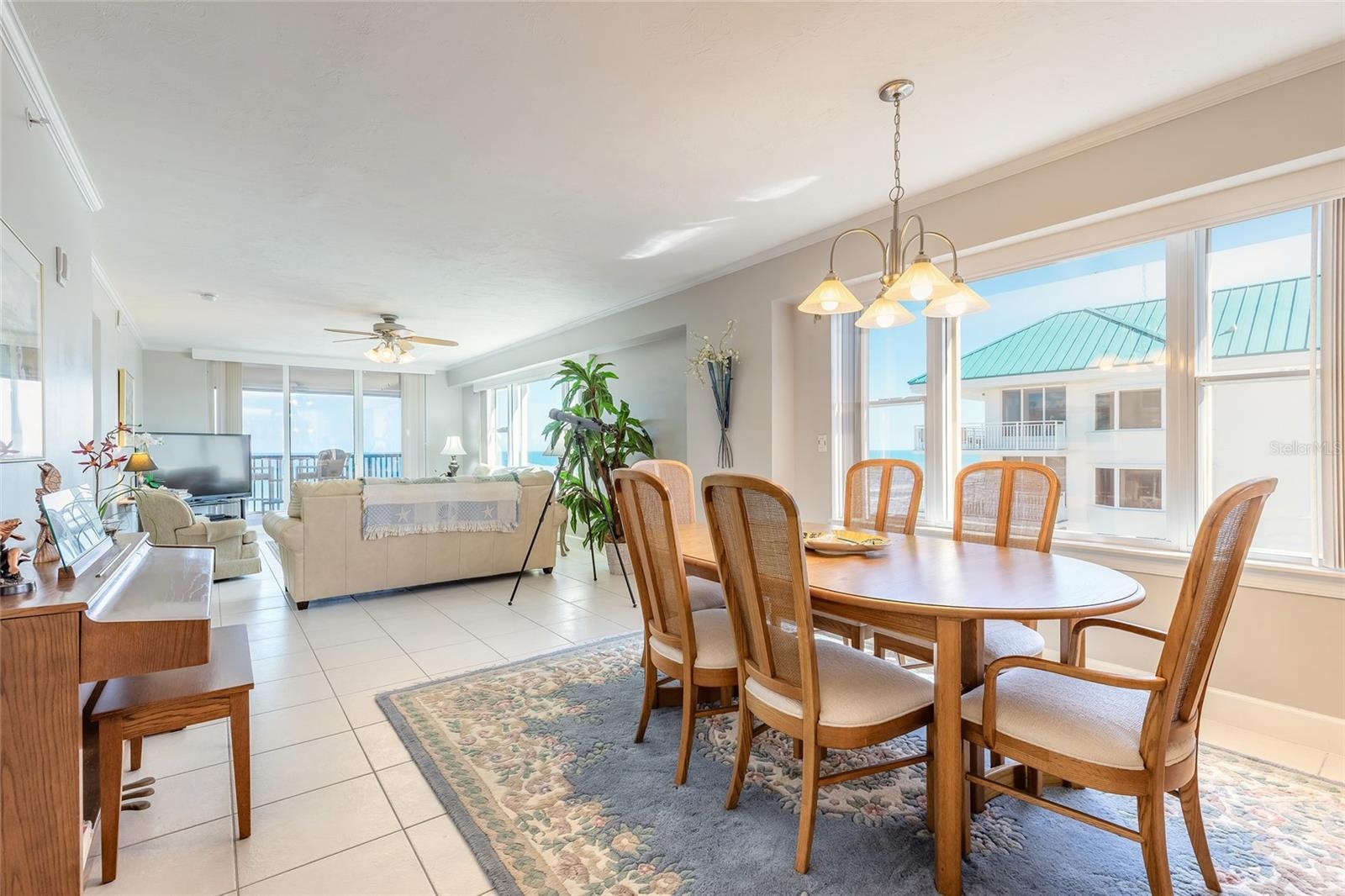 Formal dining area with beach views
