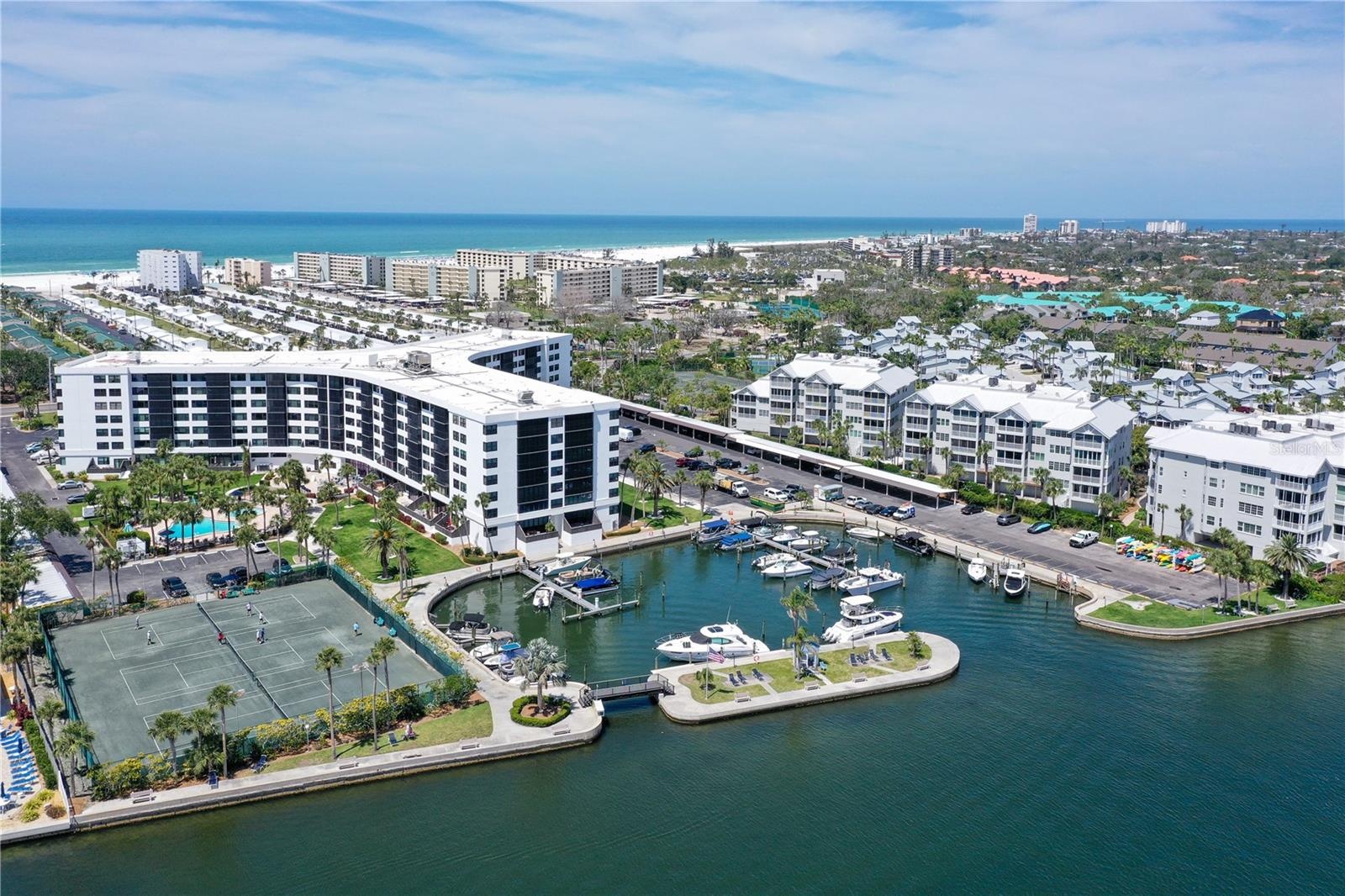 Aerial rear view of Harbor Towers & Marina