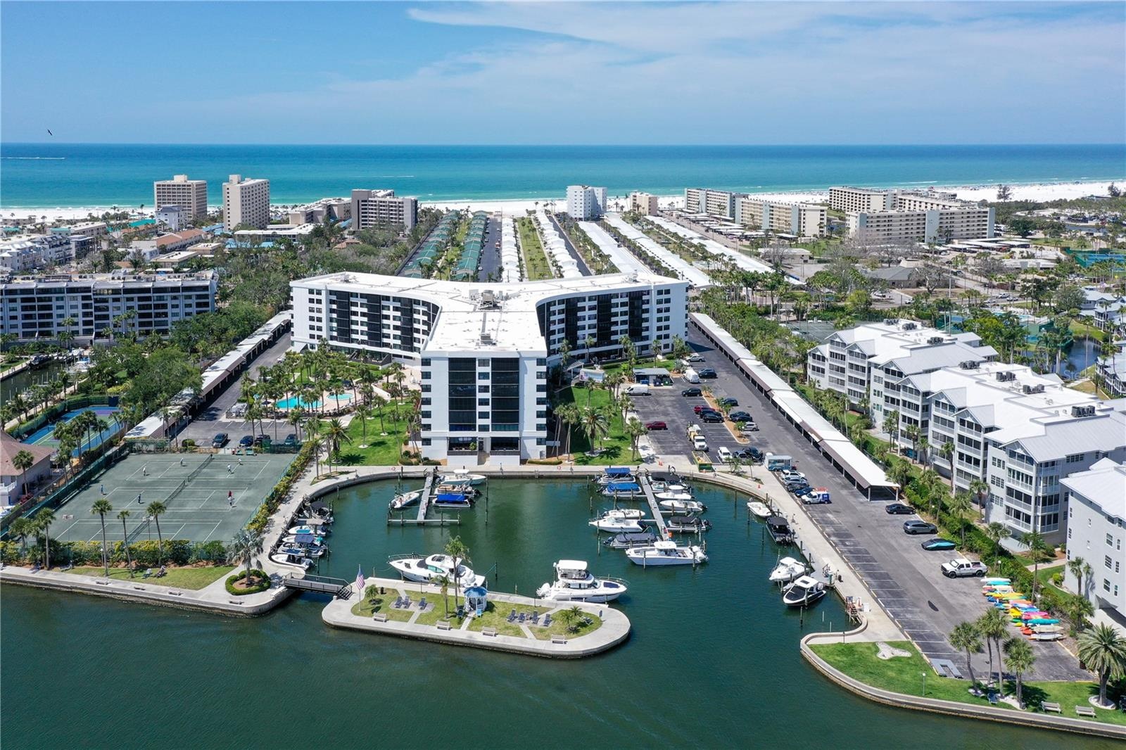 Aerial rear view of Harbor Towers & Marina
