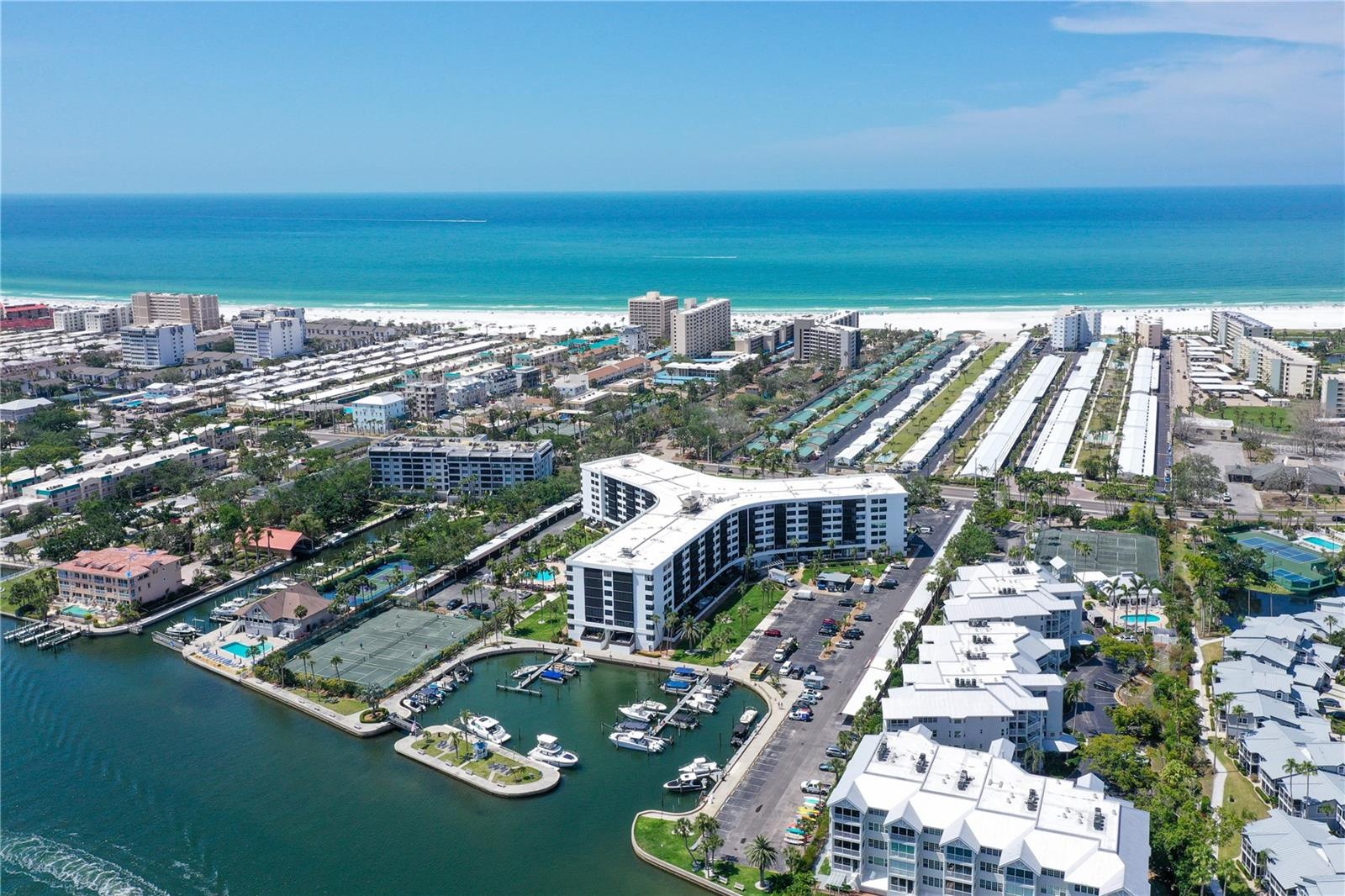 Aerial rear view of Harbor Towers & Marina