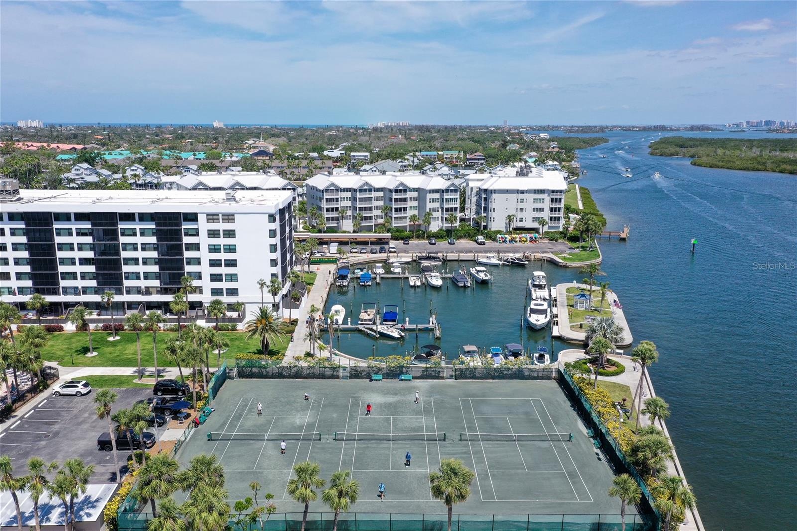 Aerial view of Tennis courts and marina
