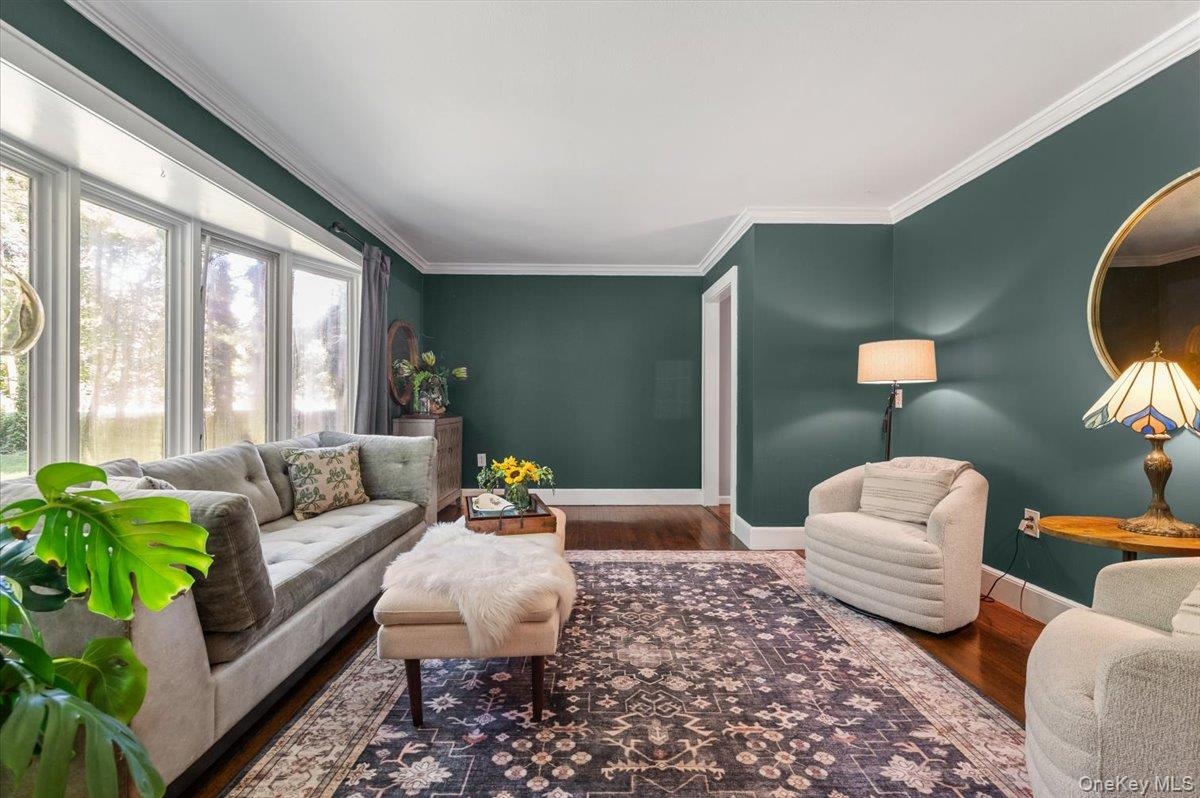 Living space featuring rich wall coloring, dark wood-finish flooring, white crown molding, and a large bay window