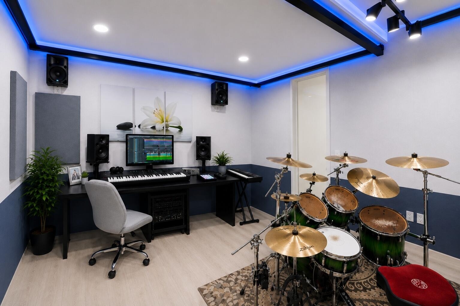 Professional Music Studio. All walls wrapped in custom acoustic panels. Acousitcal drop ceiling. Designed specifically for optimal sound in this parti