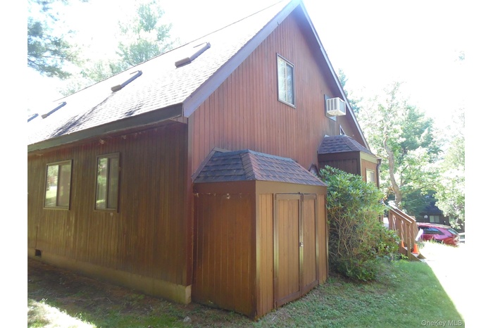 Brown vertical panel siding exterior with a dark shingle roof featuring three skylights