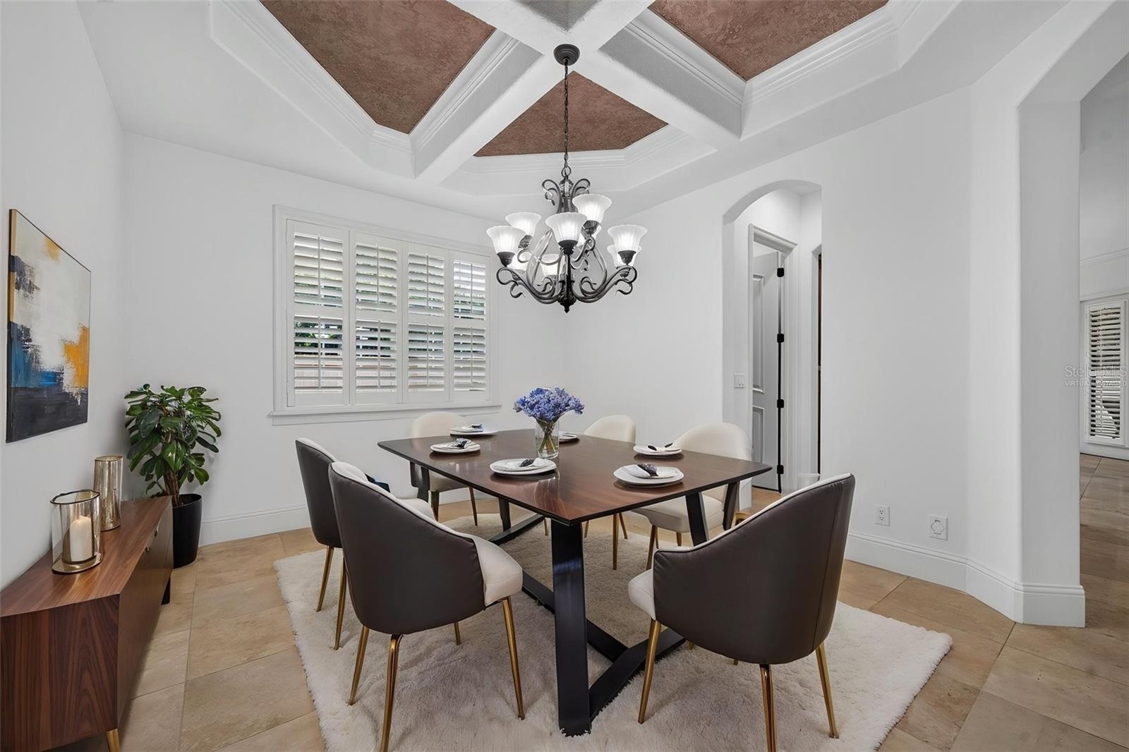 Virtually Staged Dining Room with Coffered Ceilings