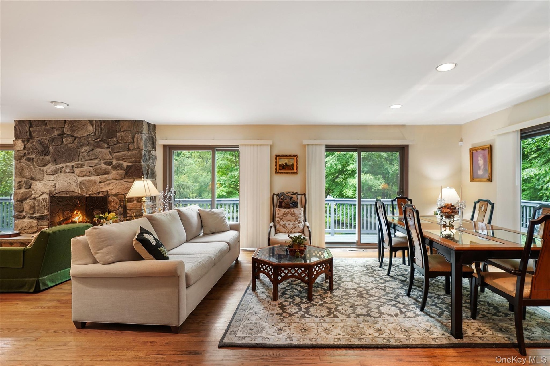 Beautiful living room with stone fireplace